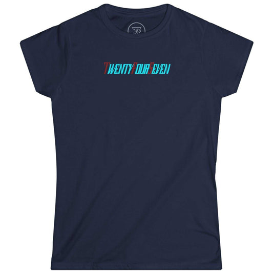 Deep navy blue classic fit women's top featuring the unique hand-drawn stylized company logo.