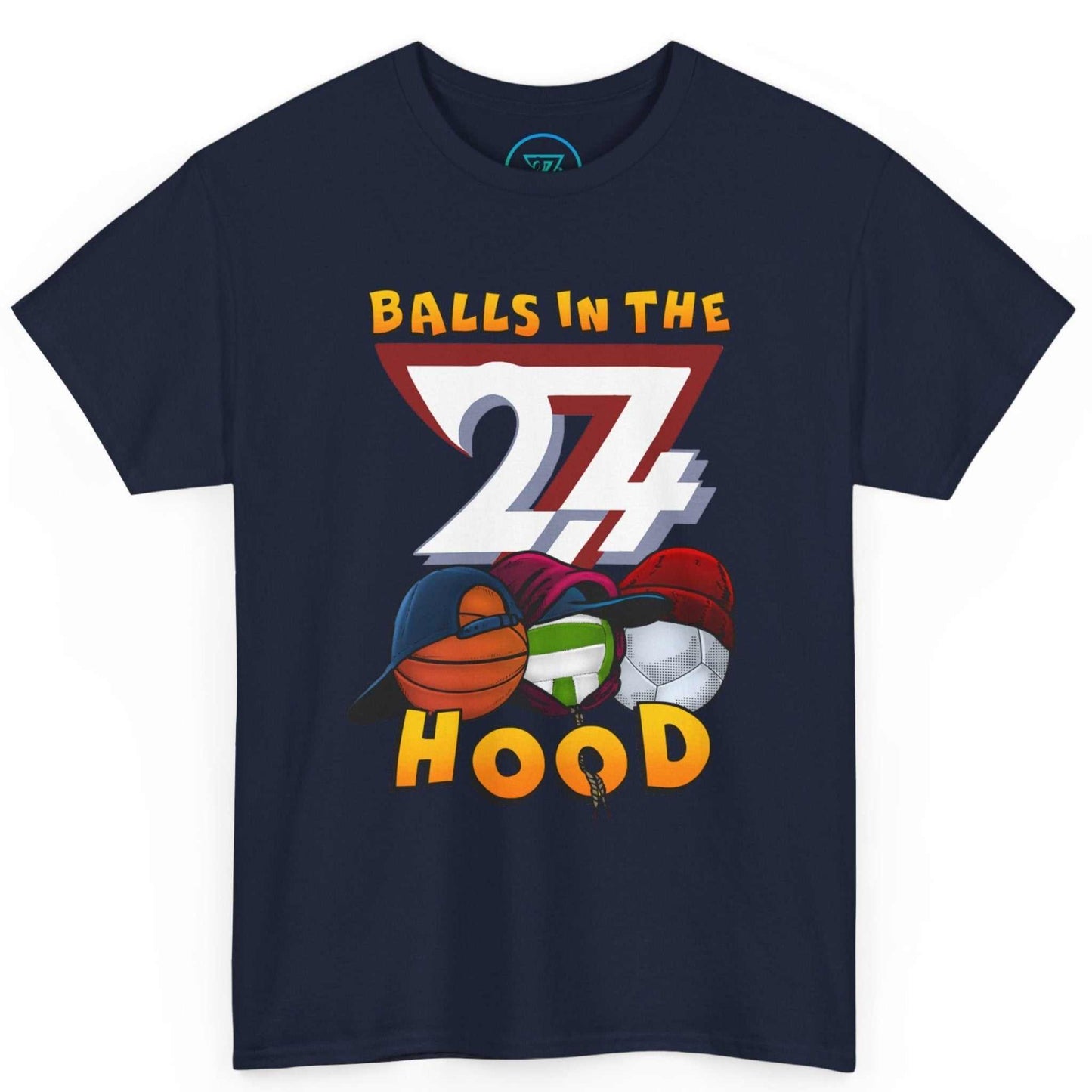 Solid navy blue zero AI fashion t-shirt with bold, colorful retro text.
