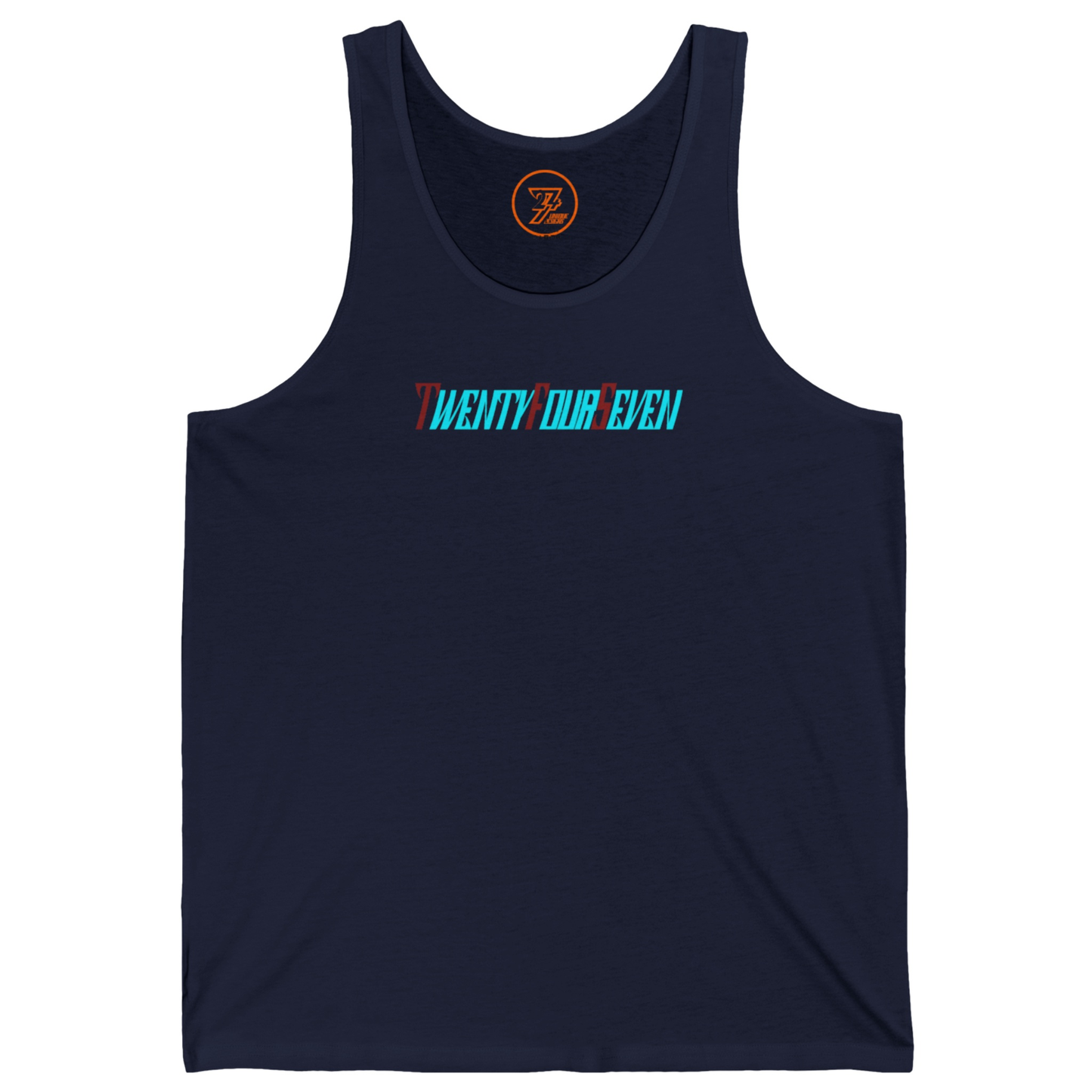 Dark navy blue boutique fashion staple top with a bold twentyfourseven graphic.