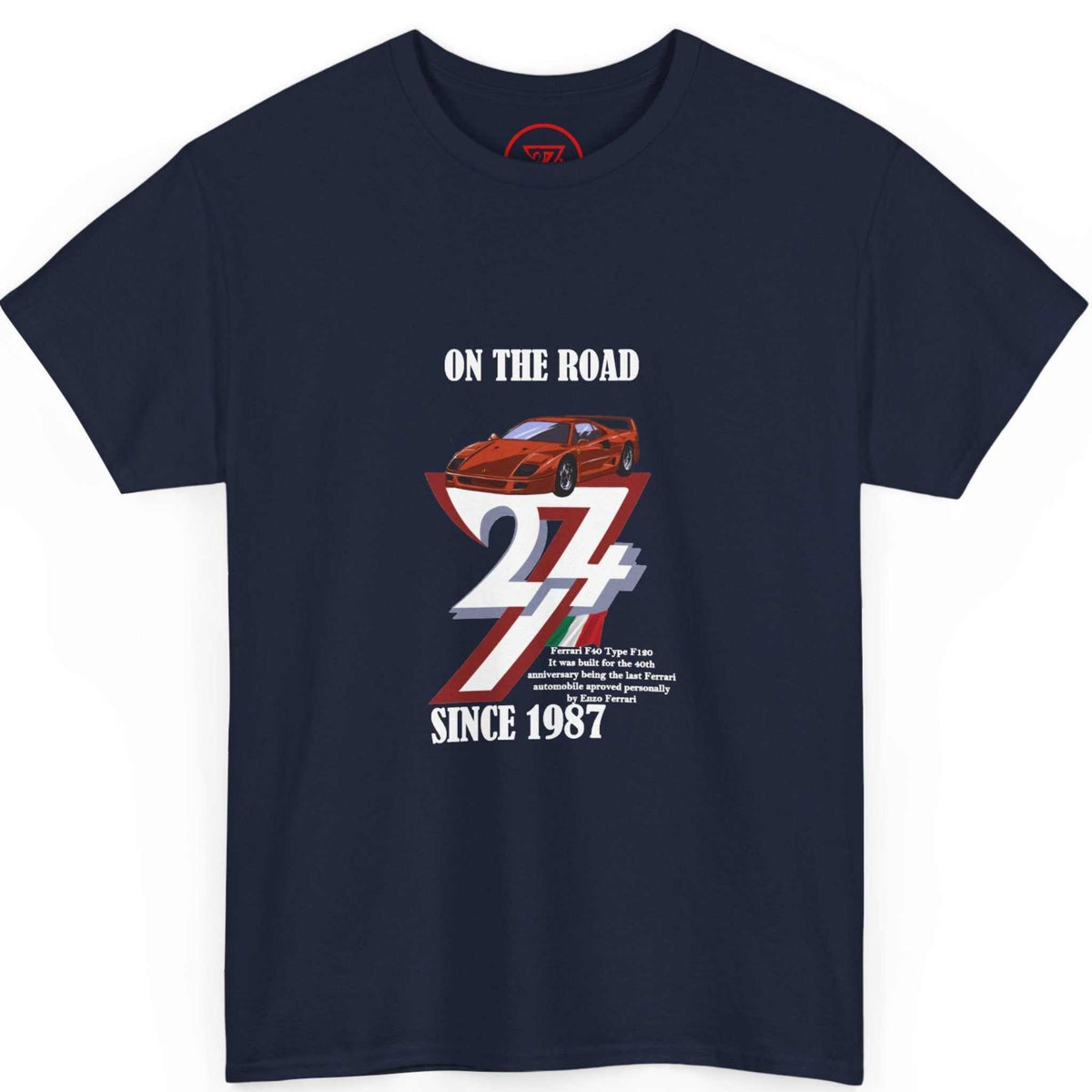 Front view of a deep navy car enthusiast apparel tee highlighting the 1987 birth year and Italian flag design.