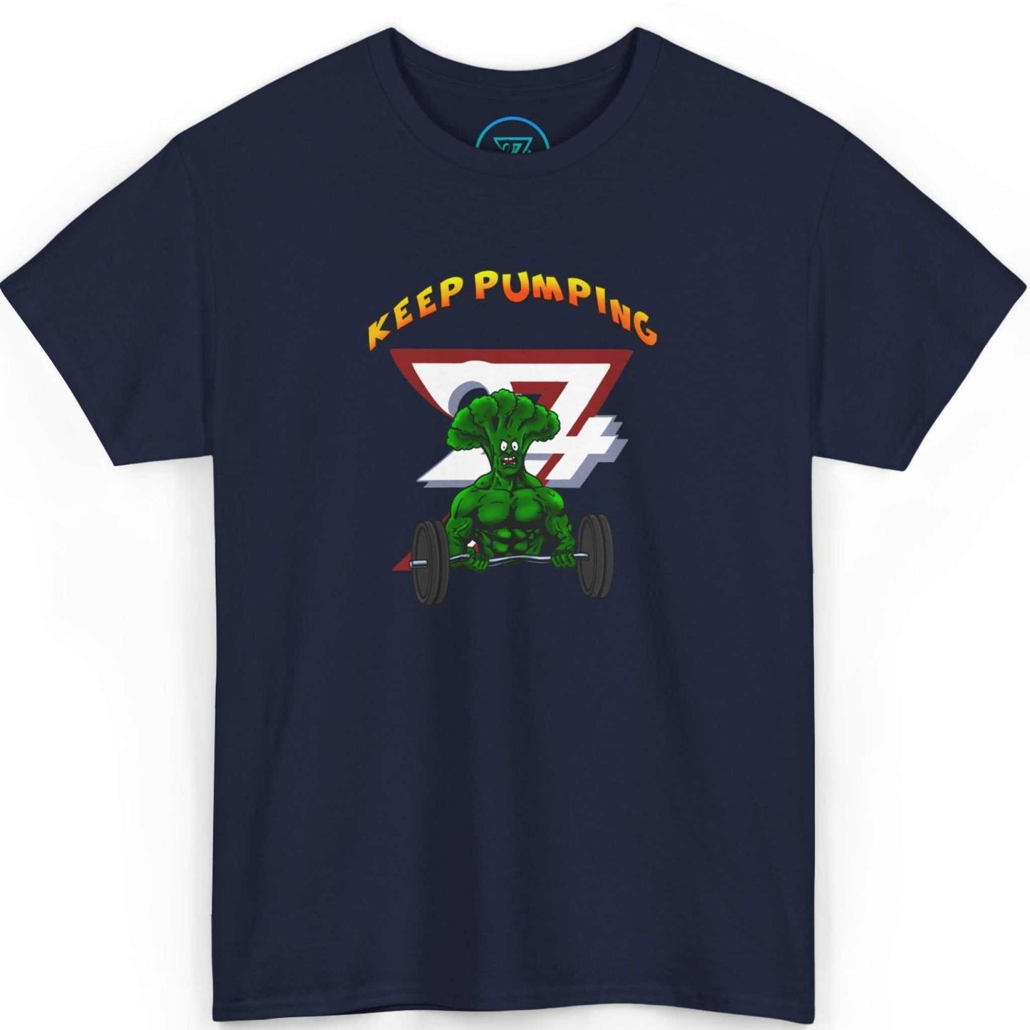 Front view of a bold red funny workout shirt highlighting the original indie comic character, laid flat.