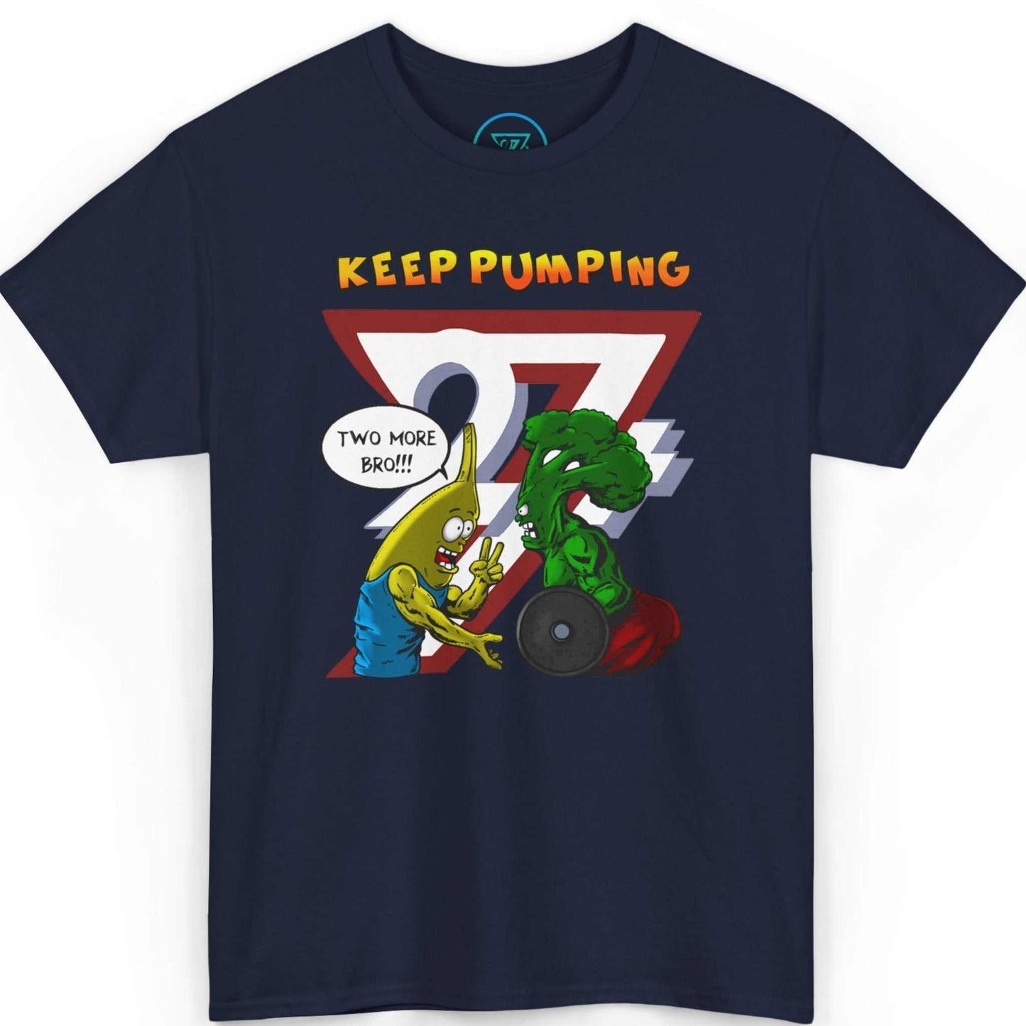 Front view of a deep navy blue cartoon workout tee displaying the vibrant Bro Colin and Banana Bundy graphic, laid flat.