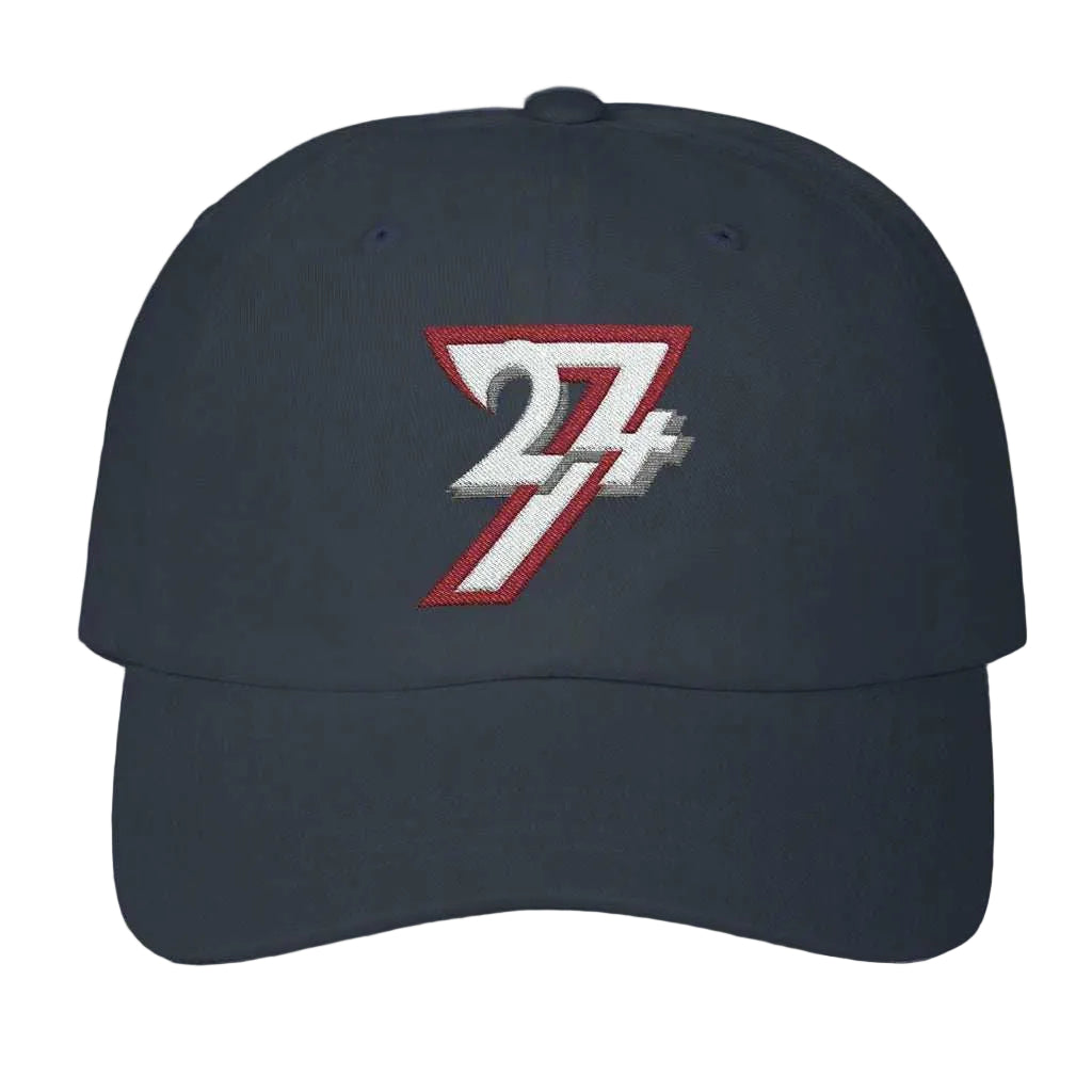 Front view of the navy embroidered cap with 24/7 Unique Designs logo