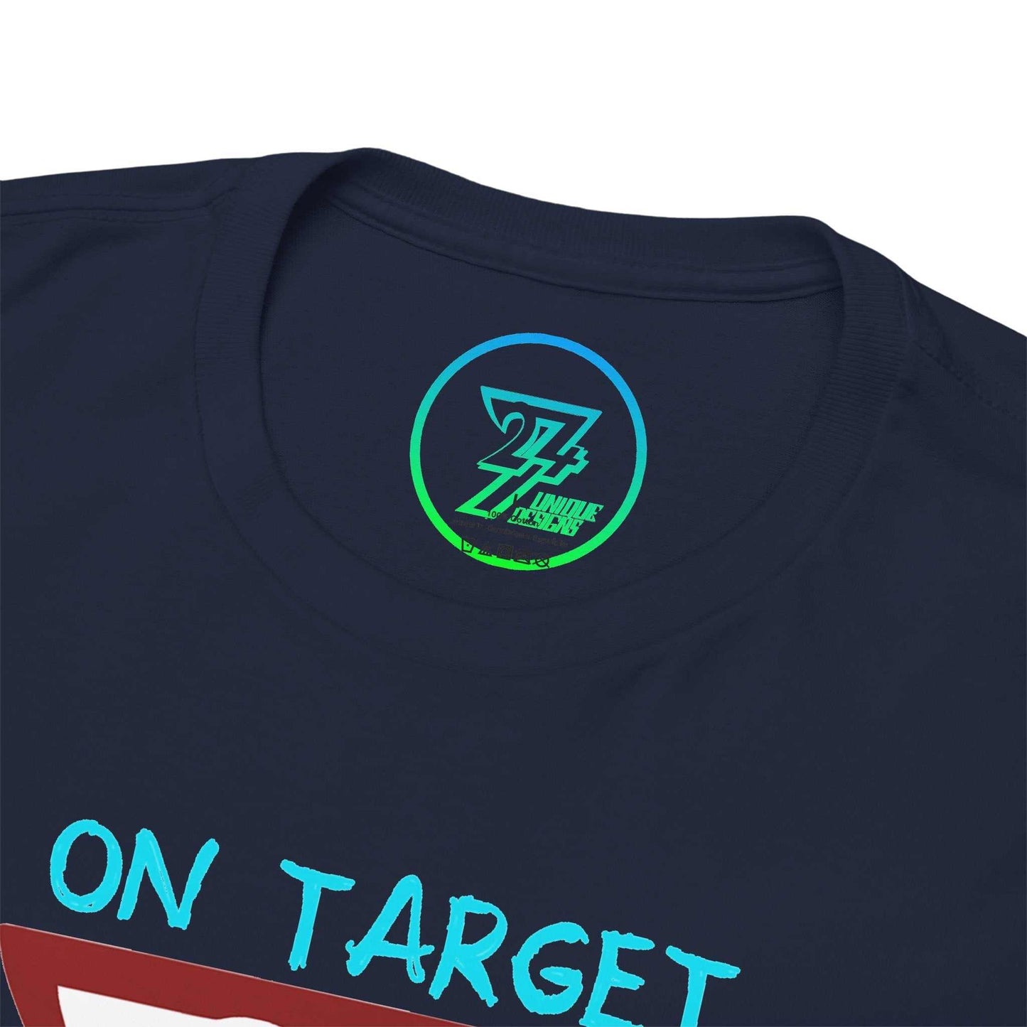 Close-up of the ribbed knit collar on the navy combat sports apparel tee, clearly showing the official 24/7 Unique Designs trademark logo inner label branding.