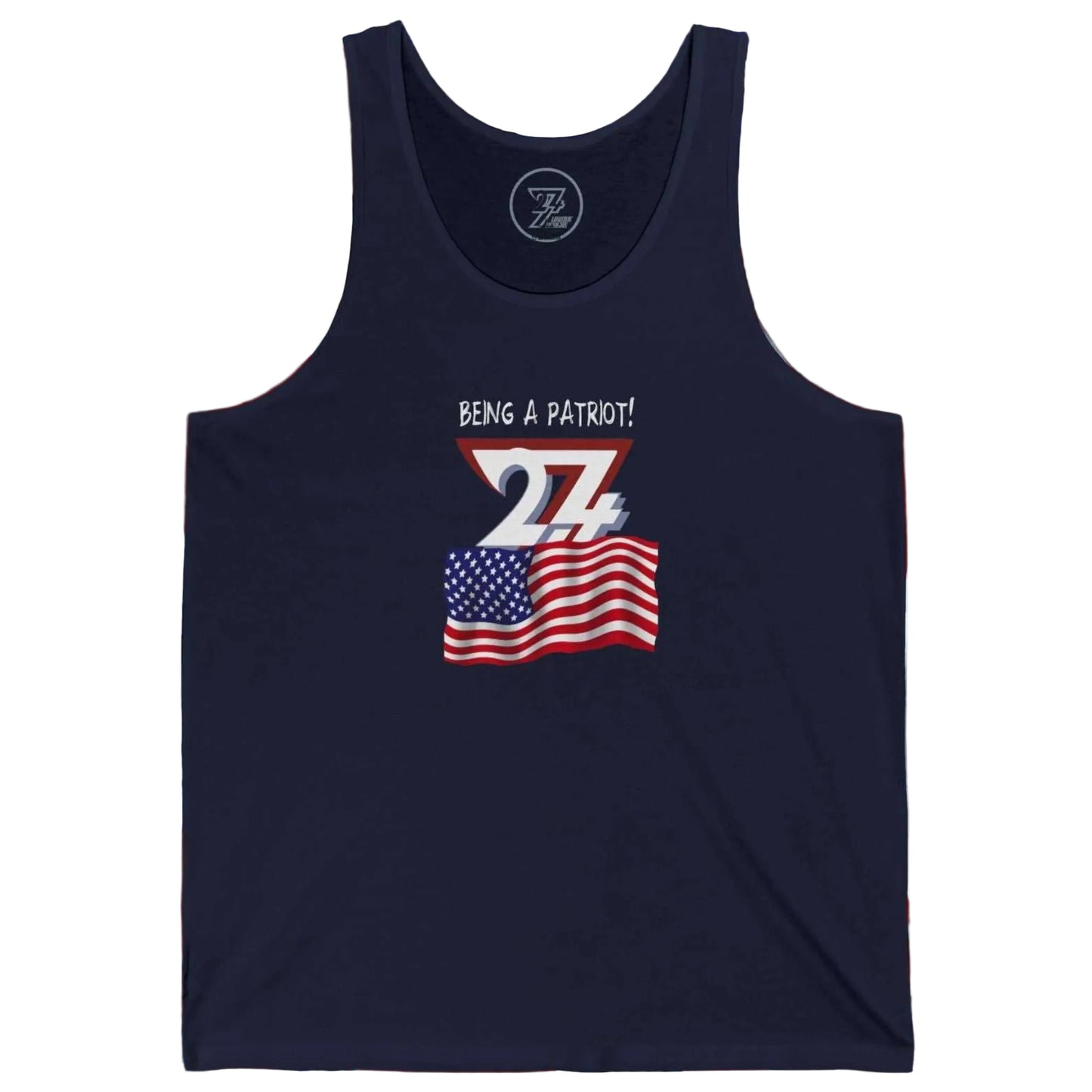 Dark navy women's jersey tank top featuring an exclusive comic artist drawn Americana design.