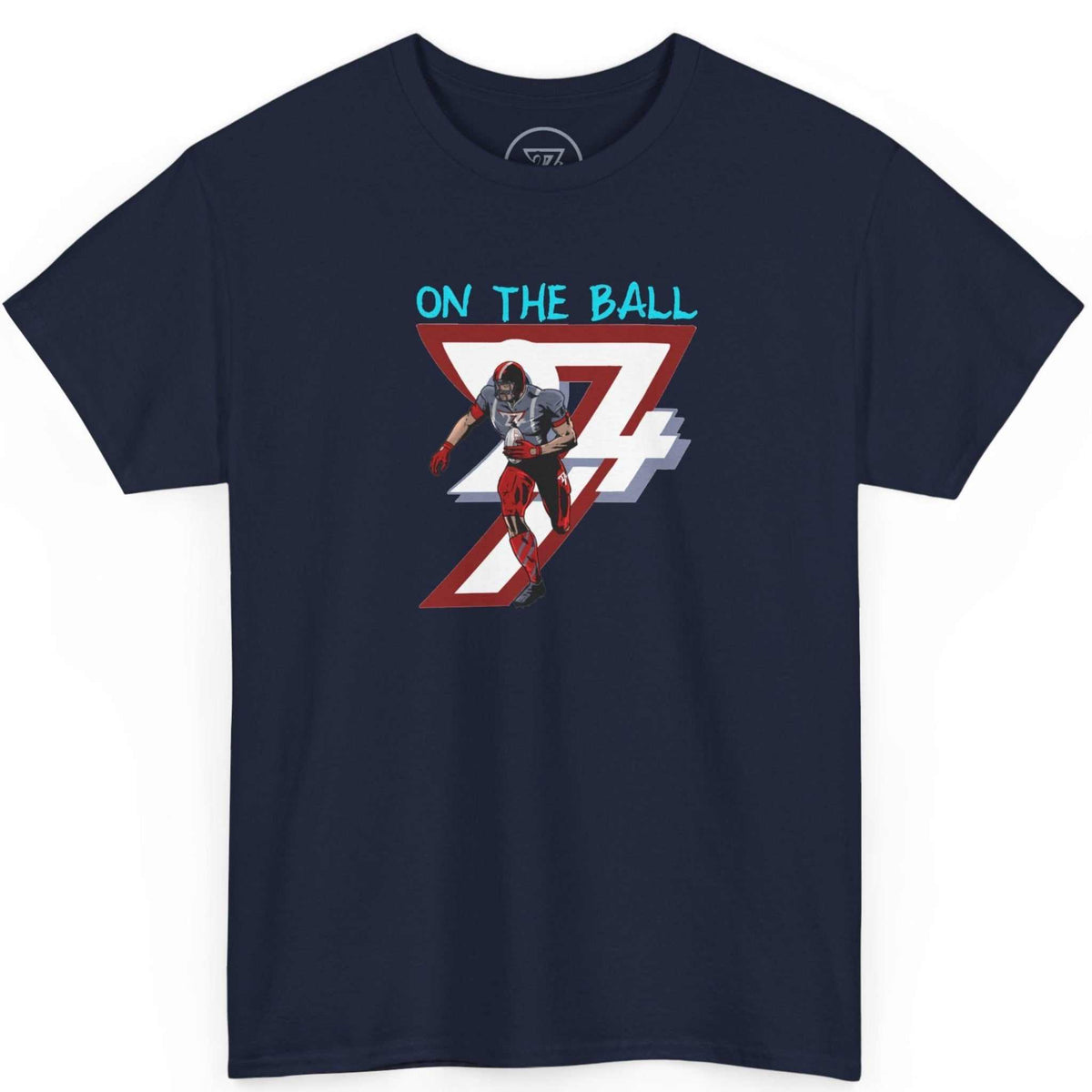 Front view of a deep navy blue comic-style American football graphic tee highlighting the digital sports art, displayed on a clean background.