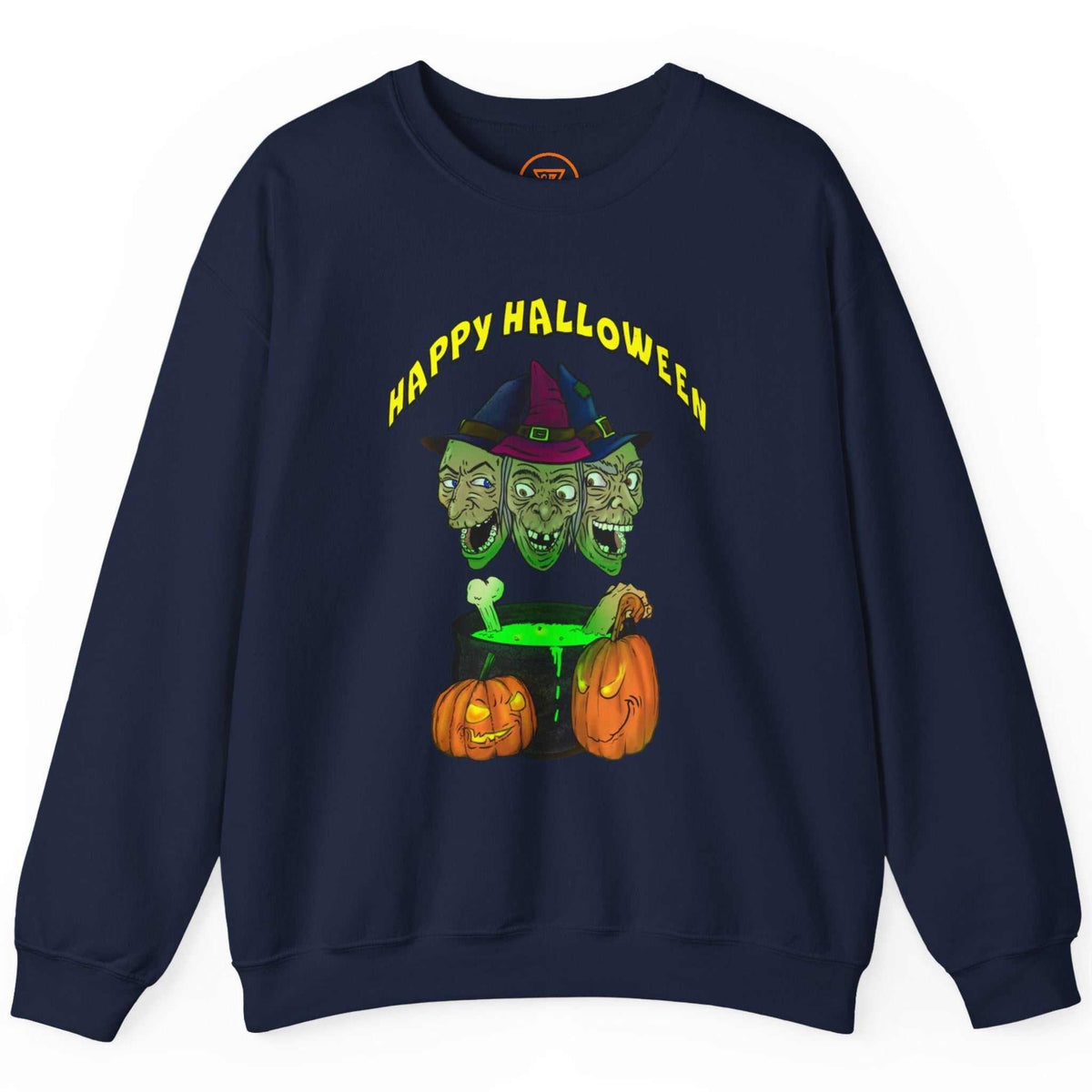 Front view of the navy blue double-sided Halloween sweatshirt showcasing the witches graphic, laid flat on a clean background.