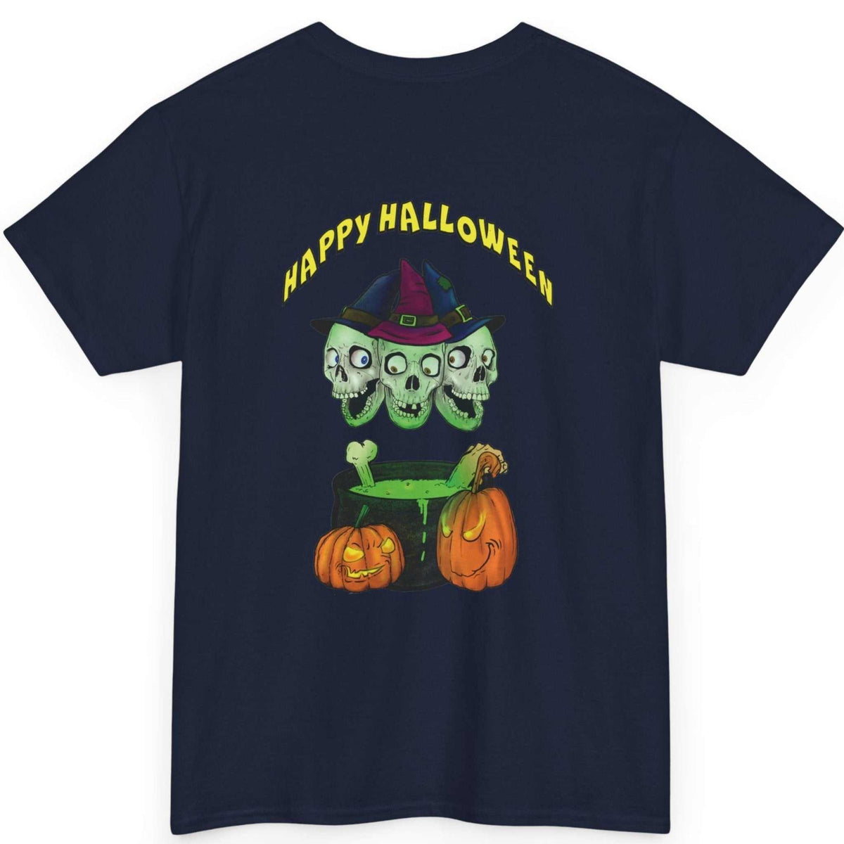 Back view of the navy blue front and back print Halloween graphic tee showing the vibrant back skulls graphic, laid flat.