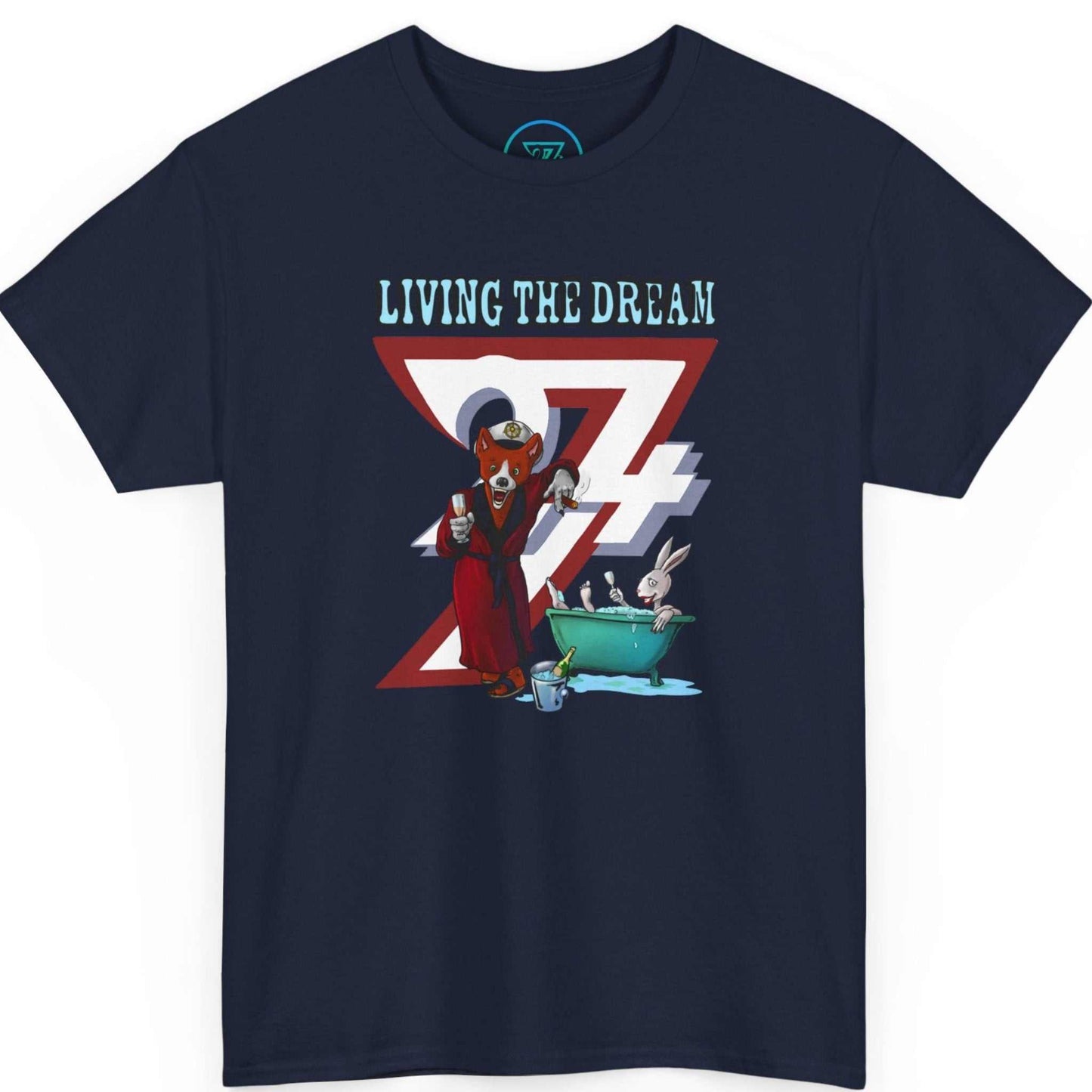 Navy blue funny animal cartoon tee highlighting the striking fox design, laid flat.