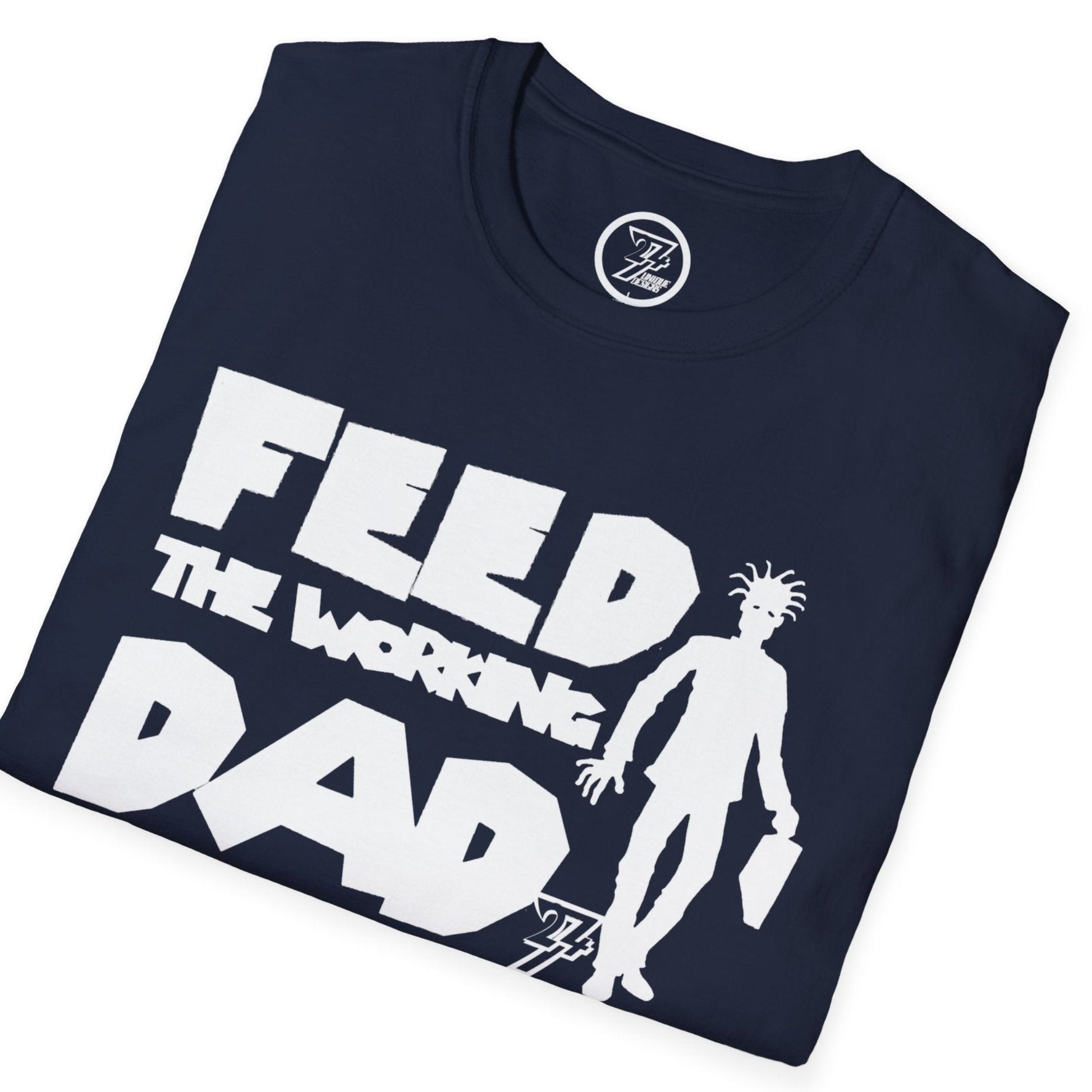 Neatly folded navy funny office zombie dad tee showing the premium heavy cotton fabric and the crisp white comic art sketch, laid flat.