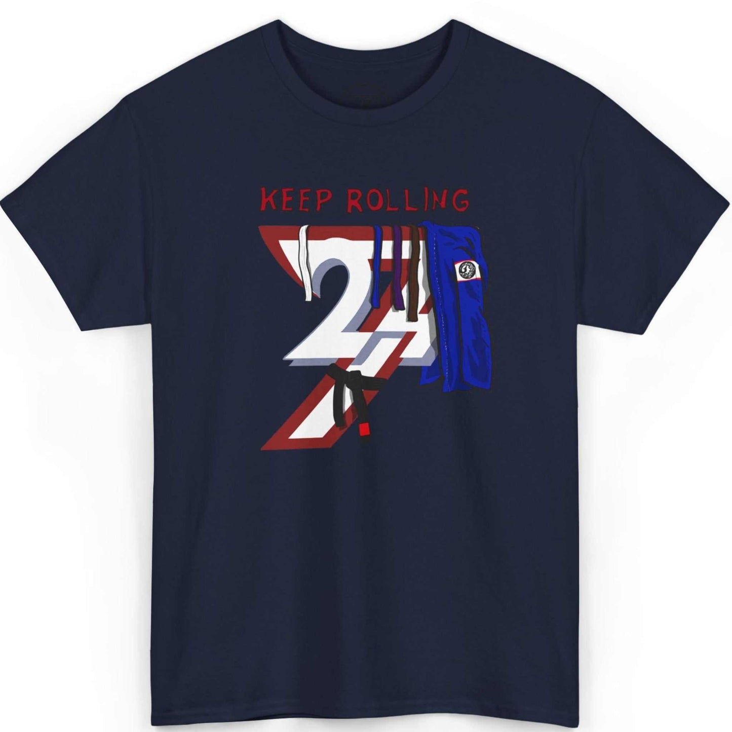Front view of a deep navy blue grappling shirt displaying the original Keep Rolling BJJ illustration, laid flat.
