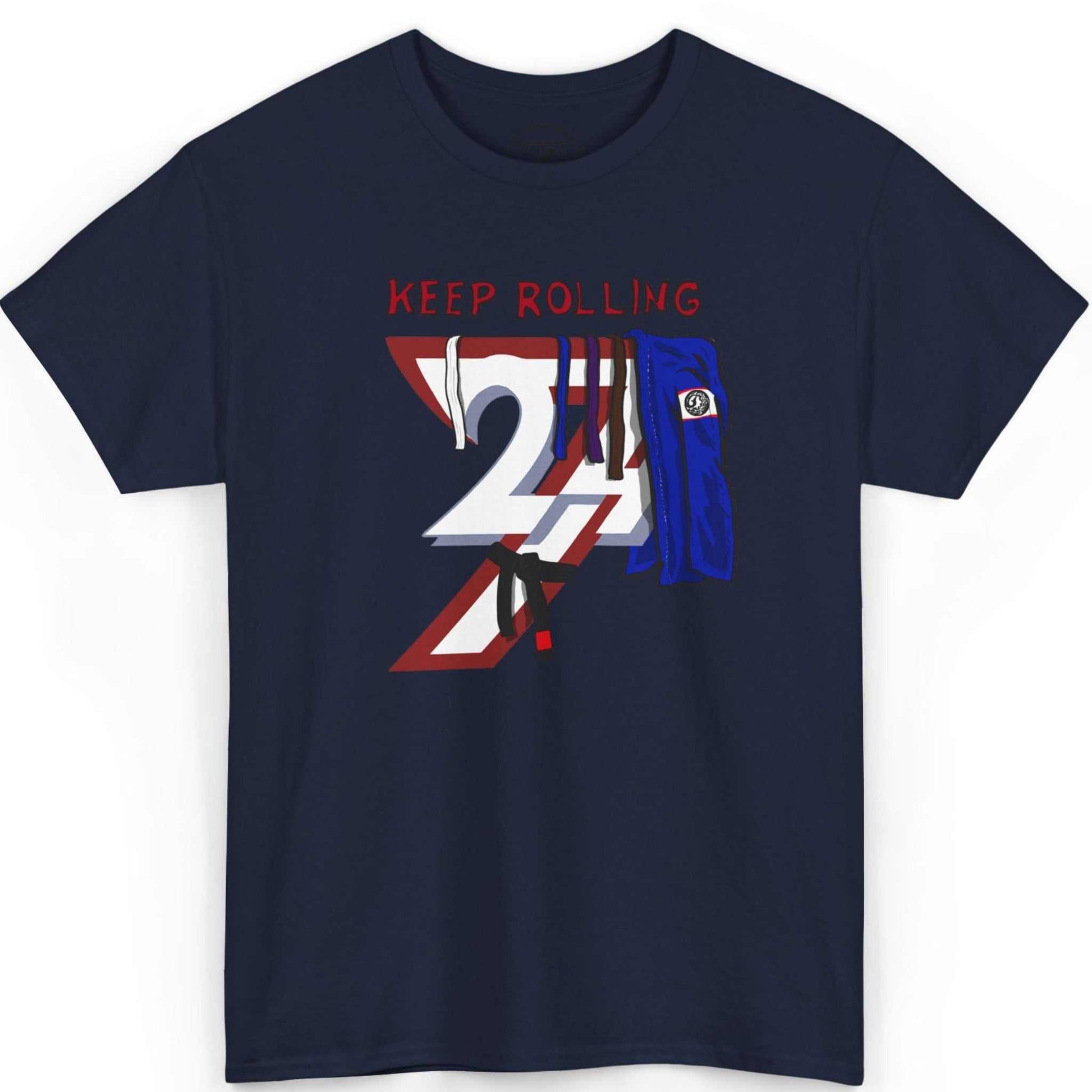 Front view of a deep navy blue grappling shirt displaying the original Keep Rolling BJJ illustration, laid flat.