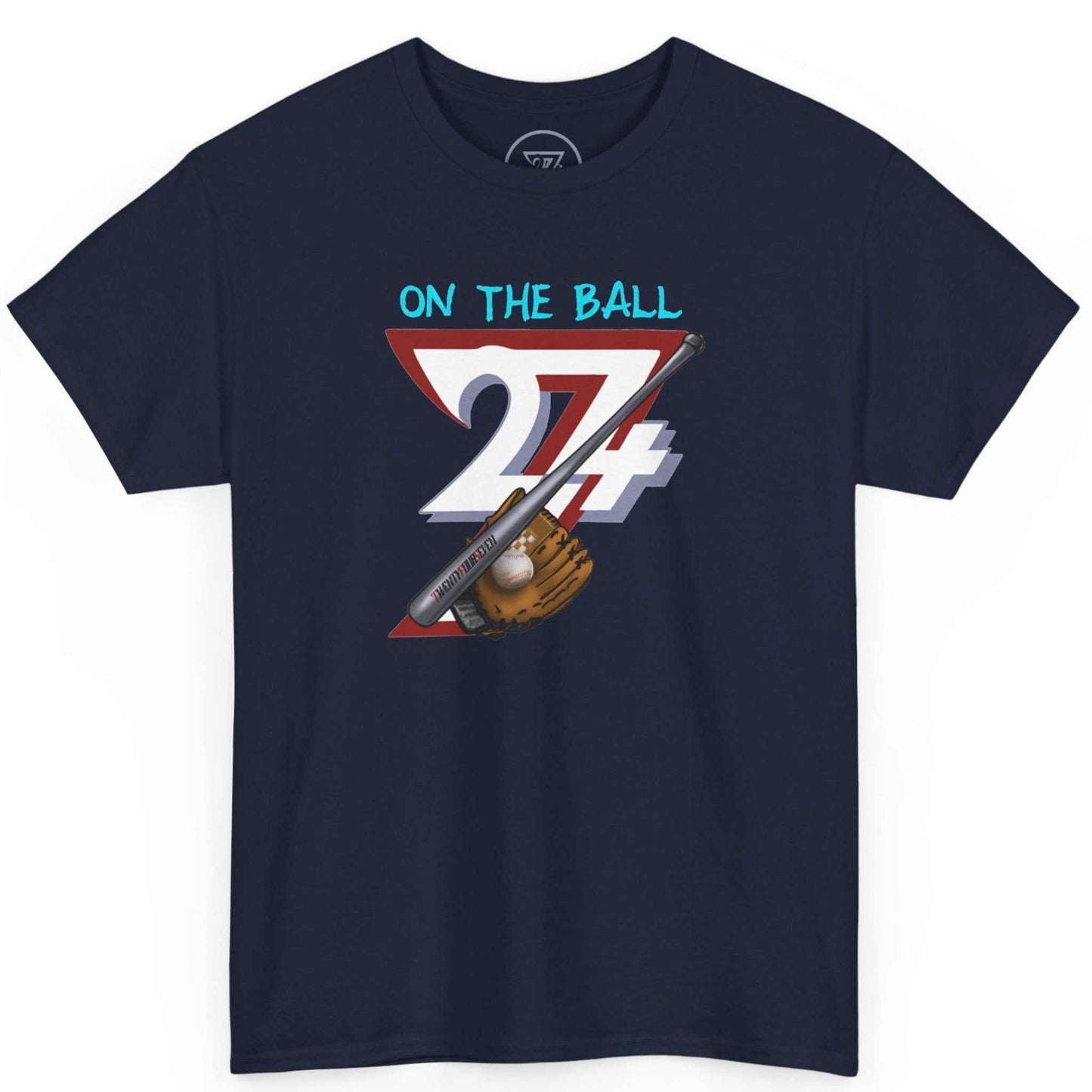 Front view of a deep navy blue hand-drawn game day shirt showcasing the classic baseball bat and glove graphic, laid flat on a clean background.