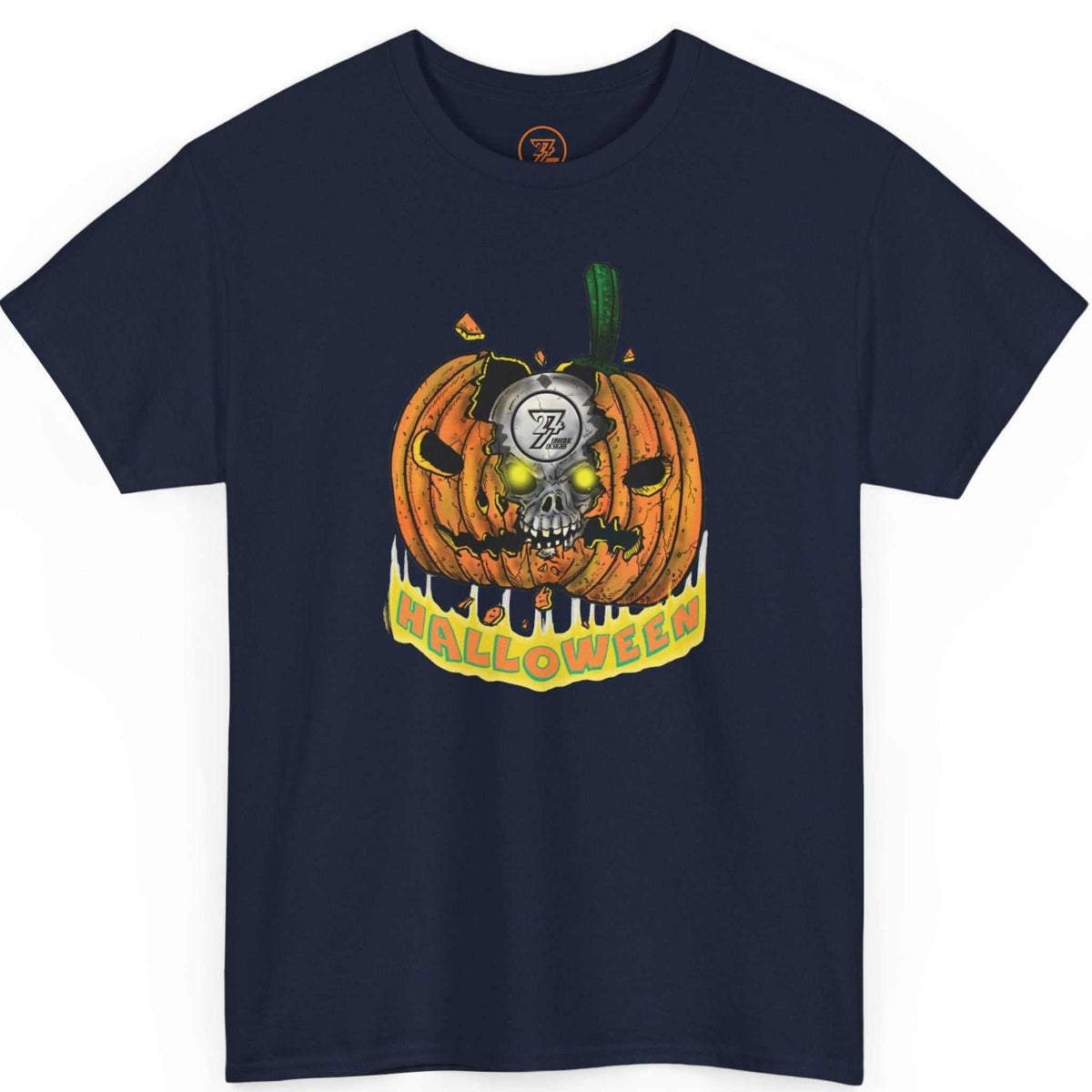 Front view of a deep navy blue hand-drawn jack-o-lantern t-shirt showcasing the vibrant Halloween illustration, laid flat on a clean background.