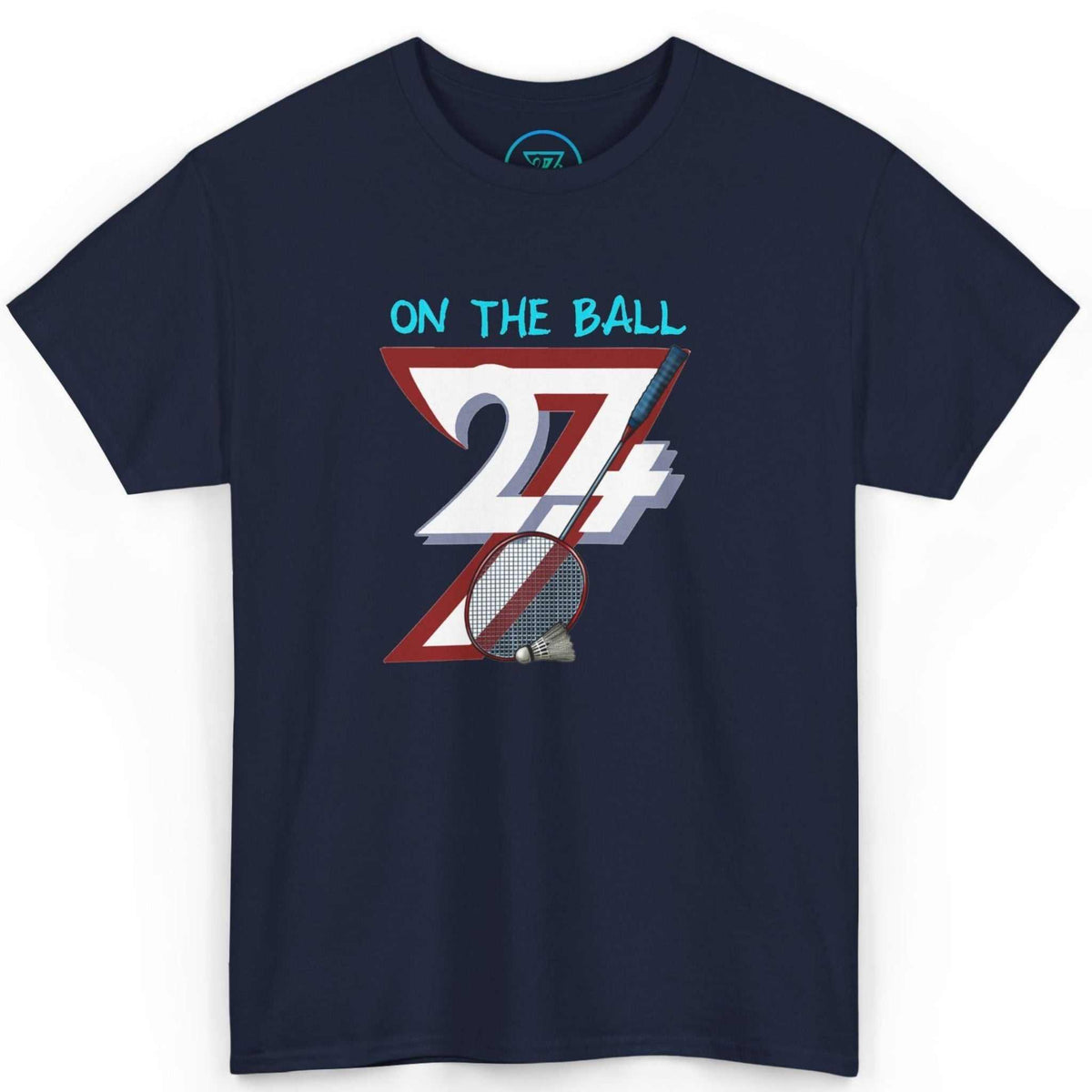 Front view of a deep navy blue hand-drawn racket sports tee featuring the On the Ball graphic, laid flat on a clean background.