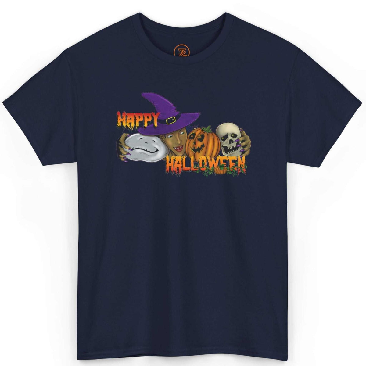 Front view of a dark navy blue hand-drawn spooky clothing shirt showcasing the crisp digital cartoon design, displayed on a clean background.