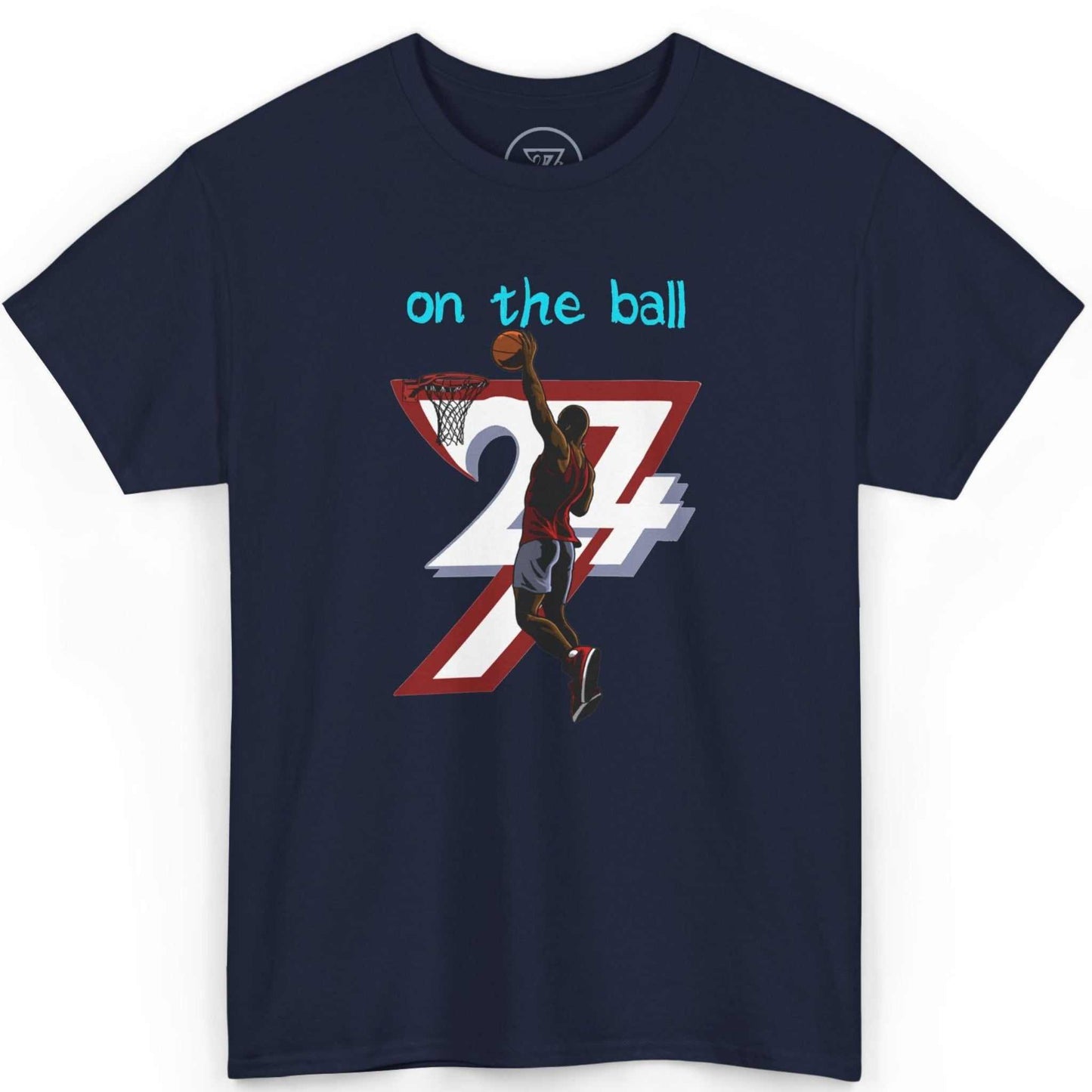 Front view of a deep navy blue hand-drawn streetwear shirt featuring the basketball court graphic, laid flat on a clean background.