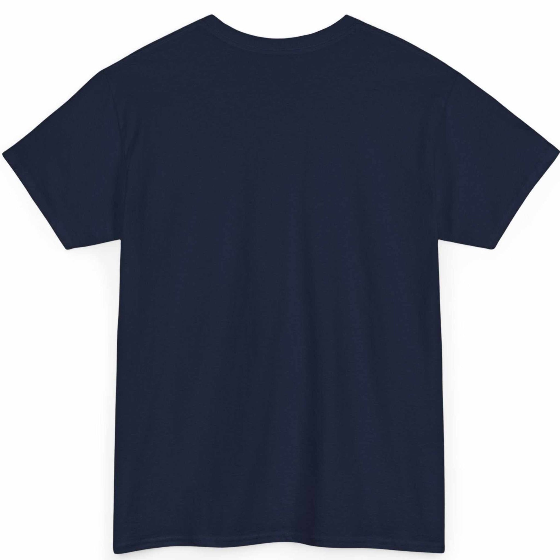 Back view of the navy heavyweight cotton sports shirt, showing the clean, unprinted tubular back canvas.
