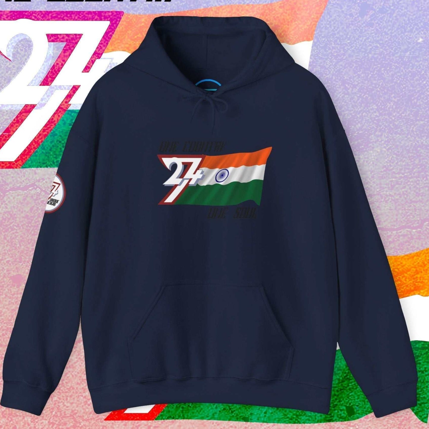Front view of the Navy India pride hoodie featuring our exclusive "One Country One Soul" refined artist print.