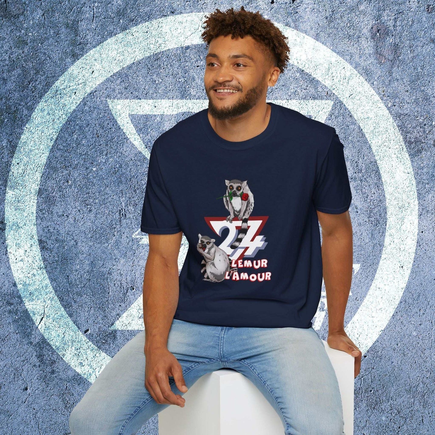 Male model wearing the navy blue Lemur L’Amour shirt, a unique and funny Valentine's Day gift for men.