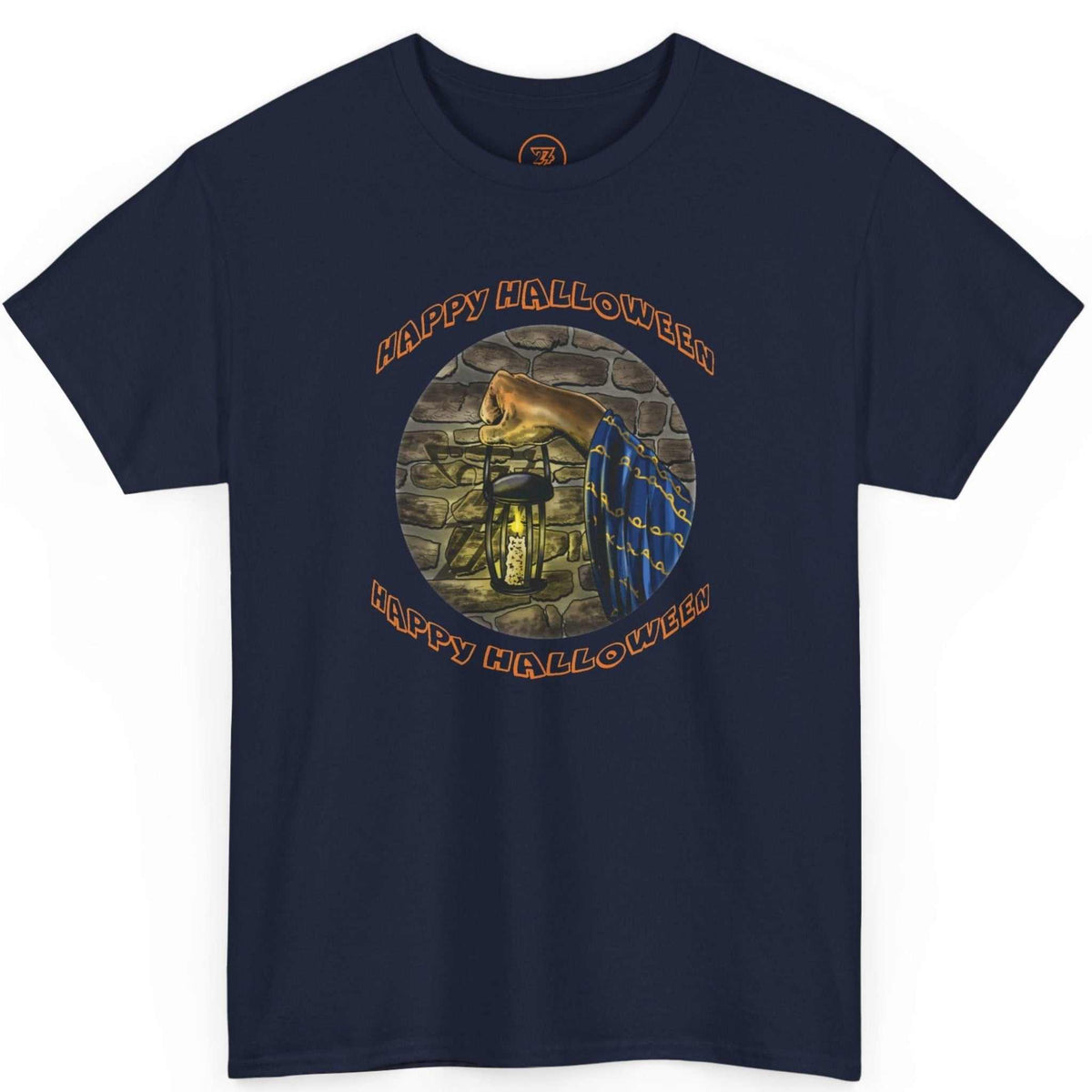Front view of a deep navy blue magic and mystery shirt highlighting the crisp fantasy art, displayed on a clean background.