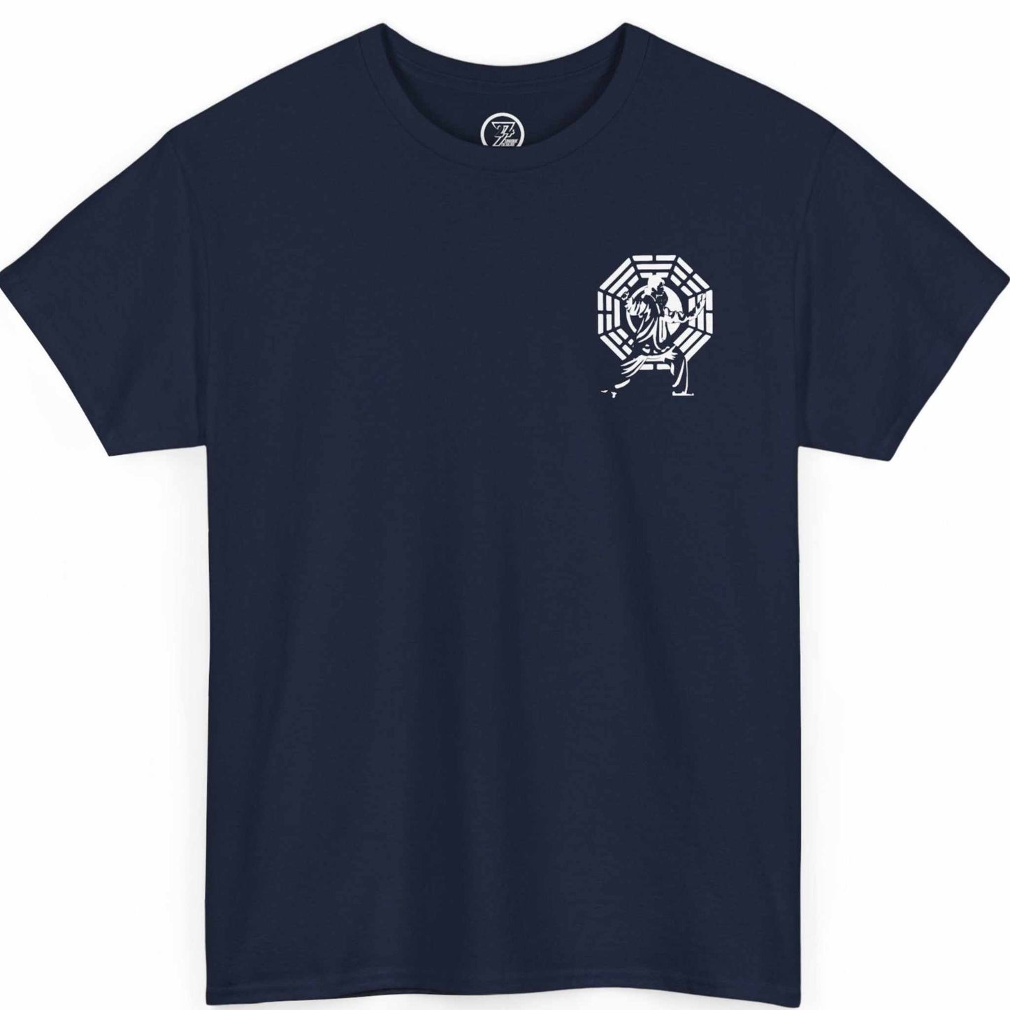 Front view of a deep navy blue martial arts streetwear graphic tee showcasing the subtle traditional emblem, laid flat.