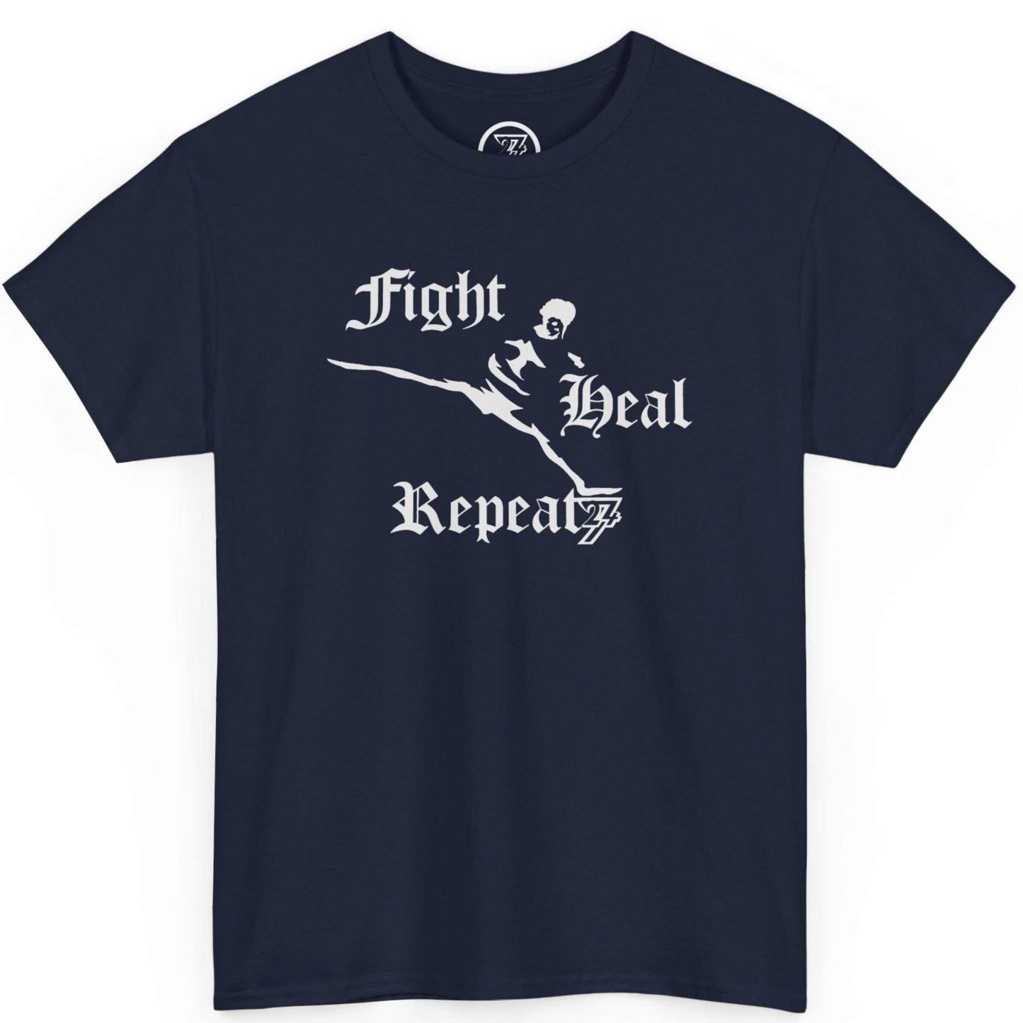 Front view of a deep navy blue MMA graphic tee showcasing the Fight Heal Repeat typography, shown on a clean background.