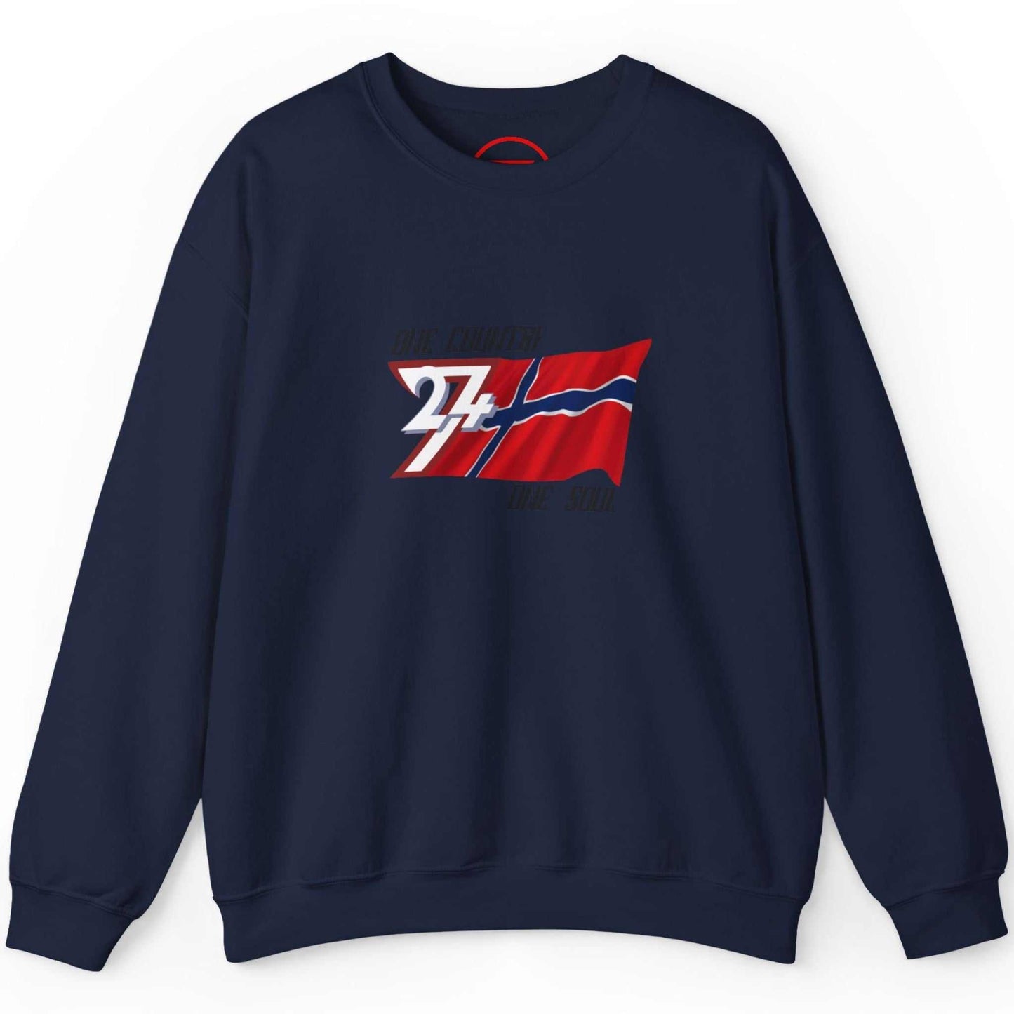 Front view of a navy blue Norway flag crewneck sweatshirt featuring a classic Norwegian flag graphic, displayed on a clean background.