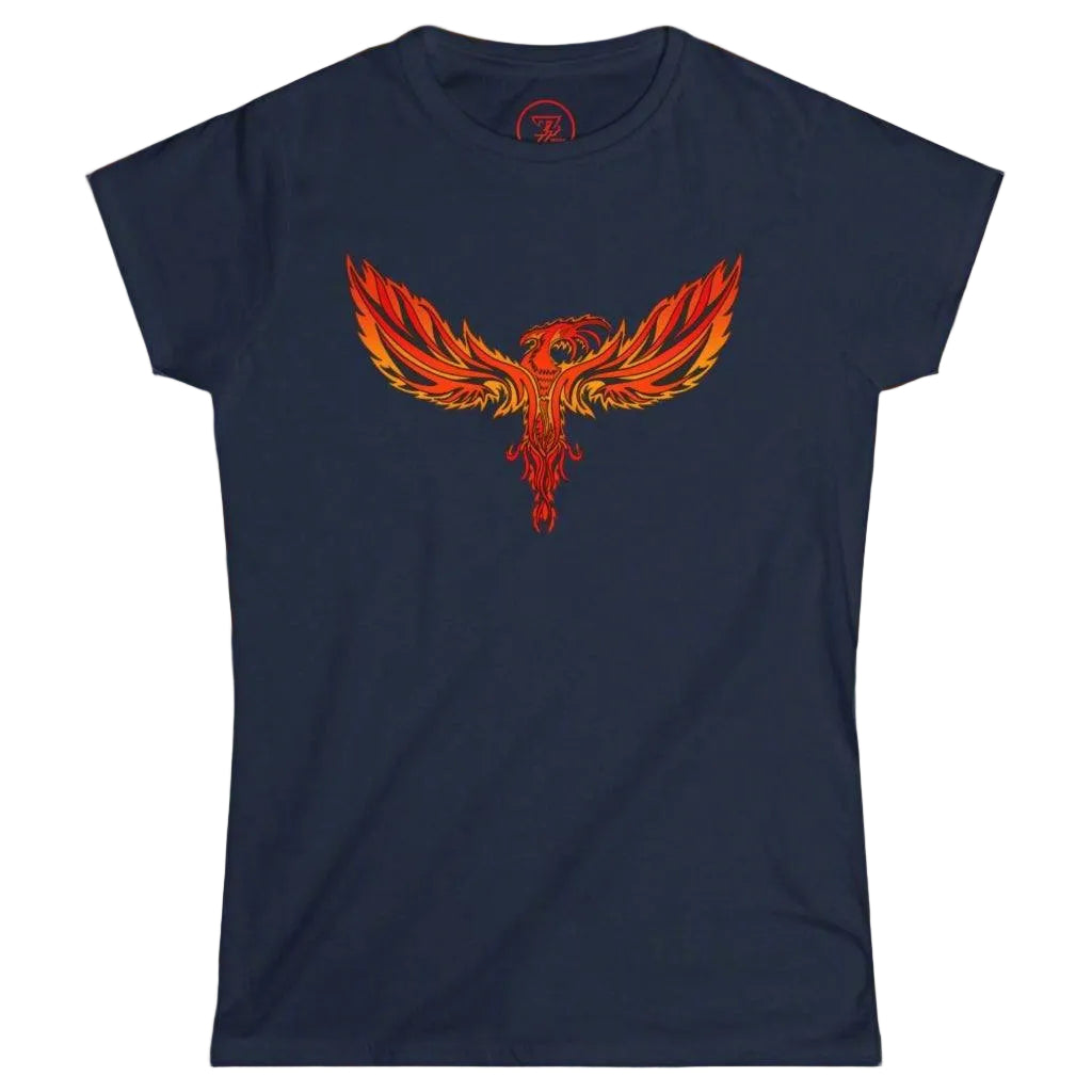 Navy blue women's semi-fitted shirt with a colorful phoenix bird logo.
