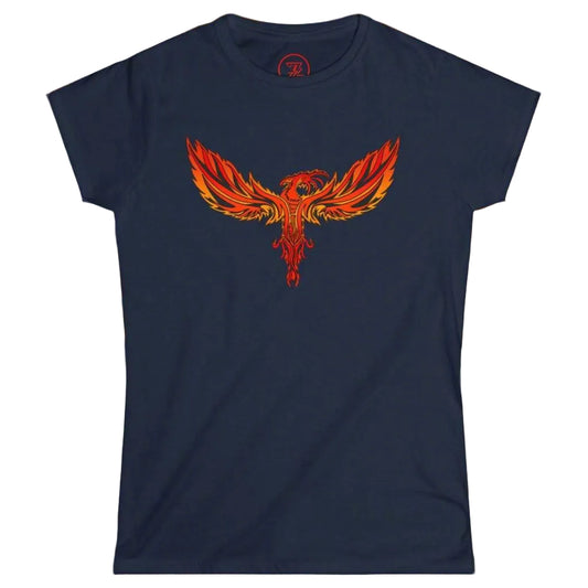 Navy blue women's semi-fitted shirt with a colorful phoenix bird logo.