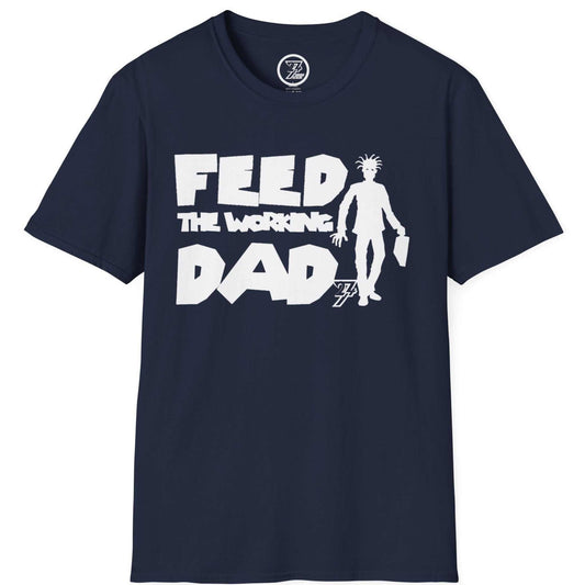 Navy blue professional humor t-shirt displaying the crisp white original indie art print, shown on a clean background.