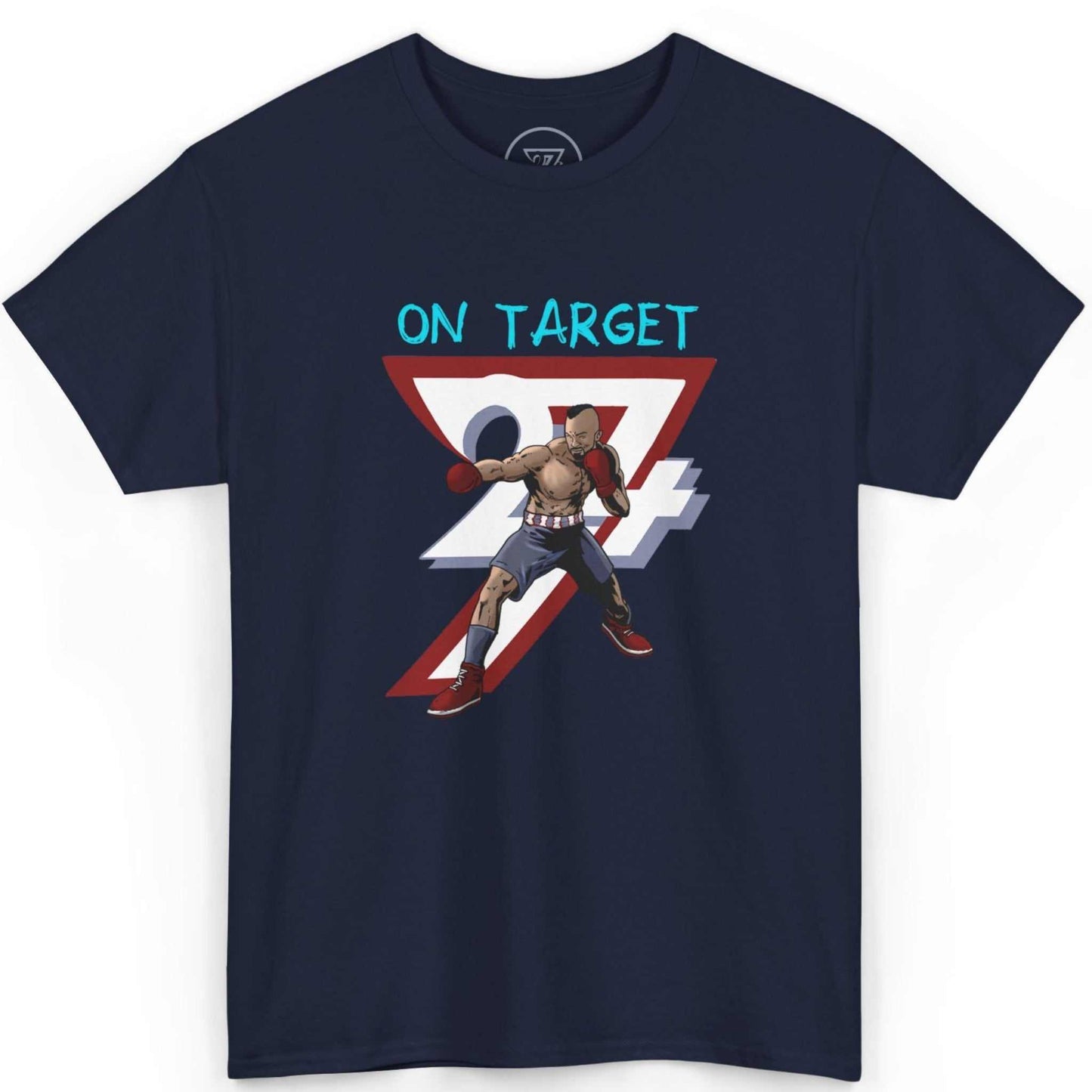Front view of a deep navy blue retro boxing clothing tee showcasing the comic book style action graphic, shown on a clean background.
