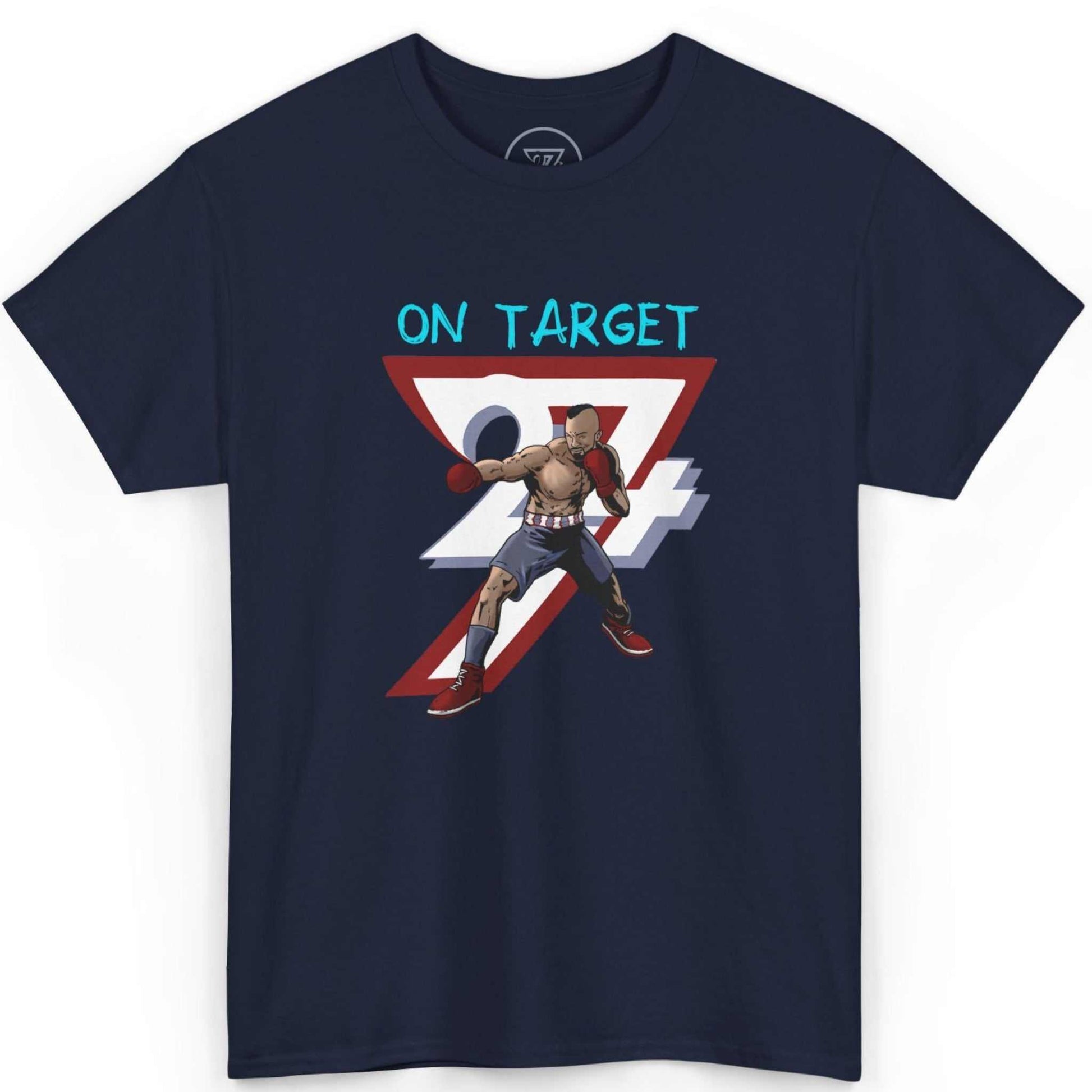 Front view of a deep navy blue retro boxing clothing tee showcasing the comic book style action graphic, shown on a clean background.