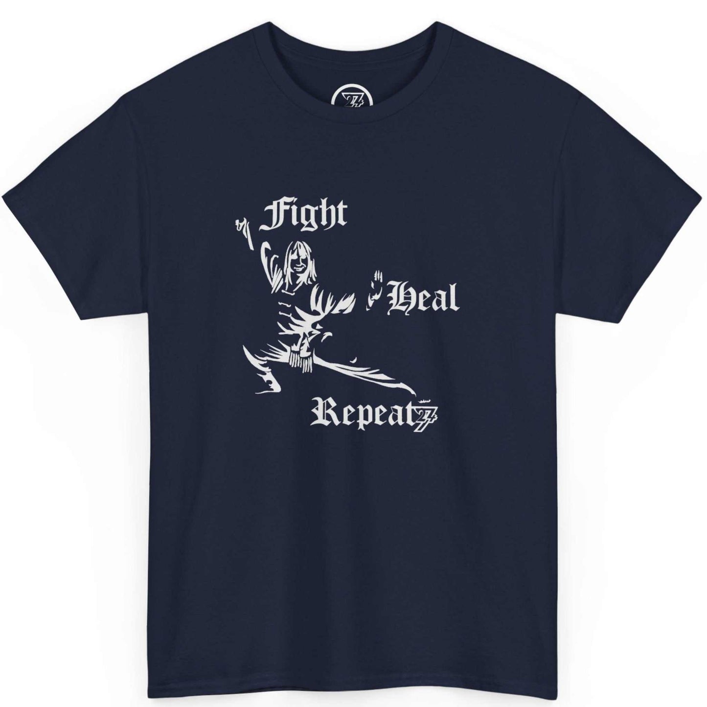 Front view of a deep navy blue retro martial arts shirt showcasing the Kung Fu graphic, shown on a clean background.