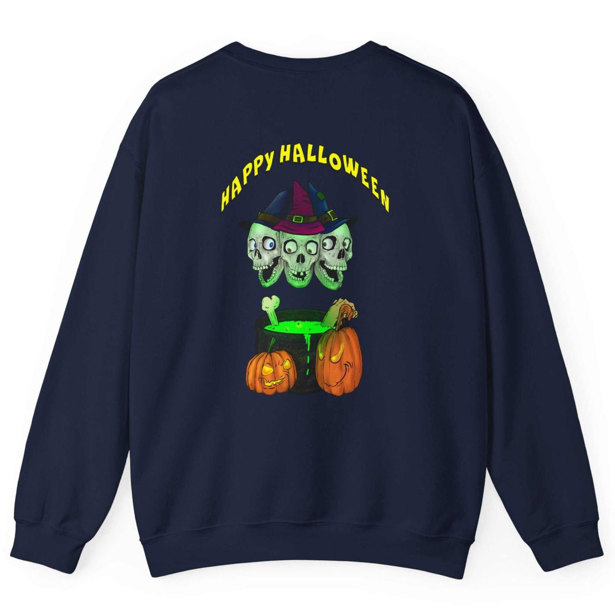 Back view of a navy blue spooky Halloween sweatshirt featuring the digitally hand-drawn skulls and cauldron art, displayed flat on a clean background.