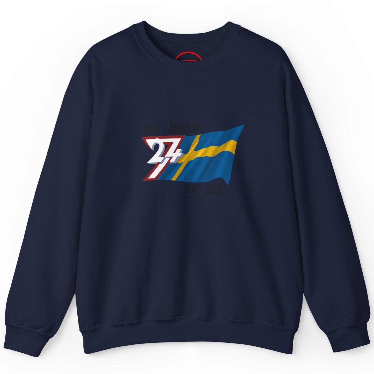 Front view of a navy blue Swedish flag crewneck sweatshirt featuring a classic yellow and blue cross graphic, displayed on a clean background.