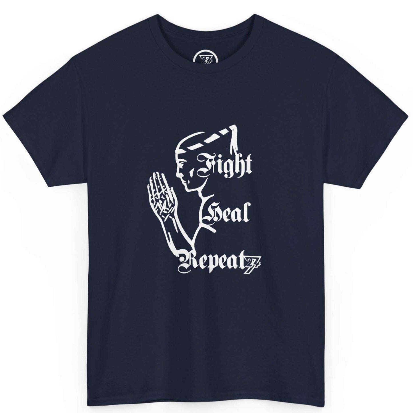 Front view of a deep navy blue Thai boxing apparel tee showcasing the Fight Heal Repeat mantra, laid flat.