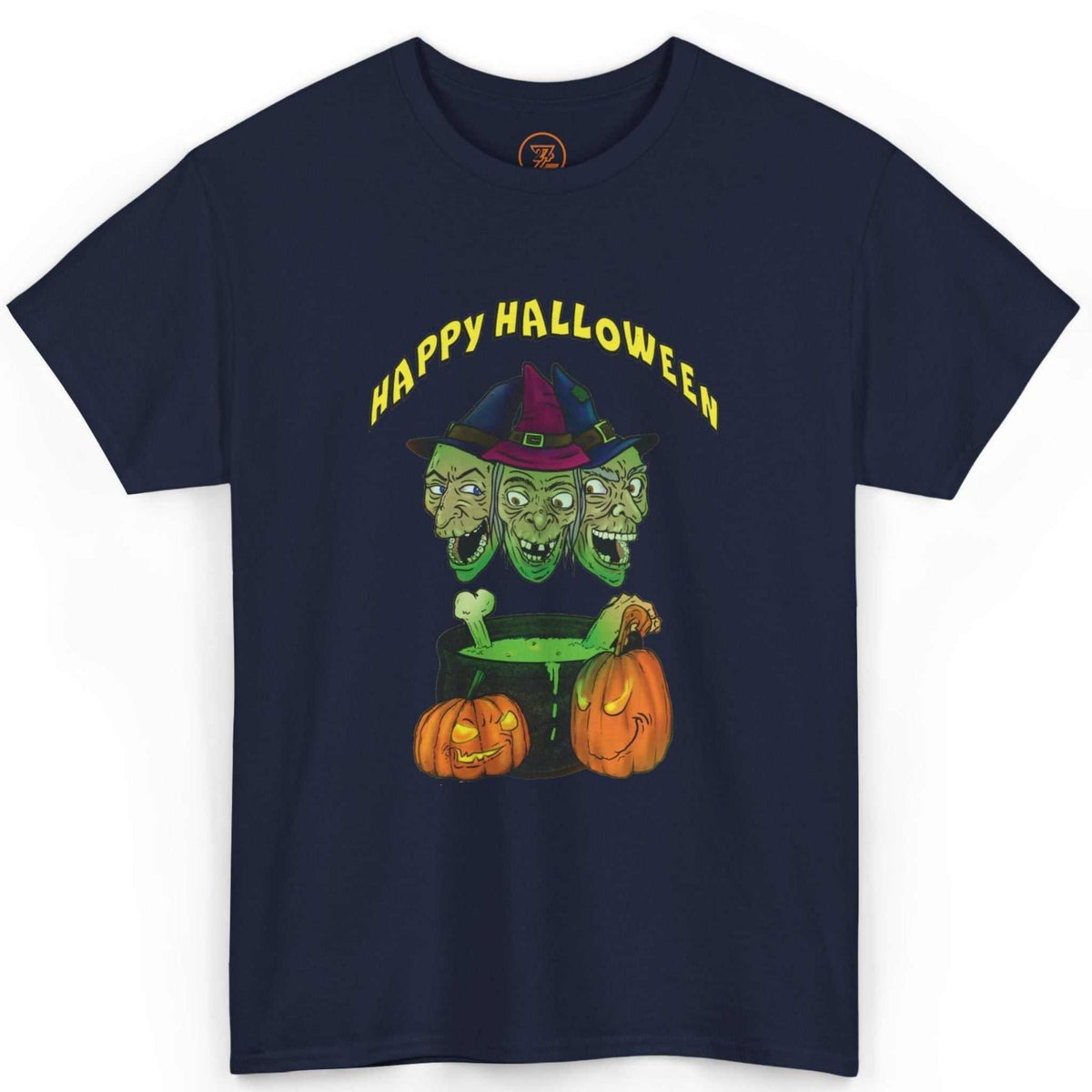 Front view of a deep navy blue trick or treat t-shirt highlighting the digitally hand-drawn front illustration, displayed on a clean background.