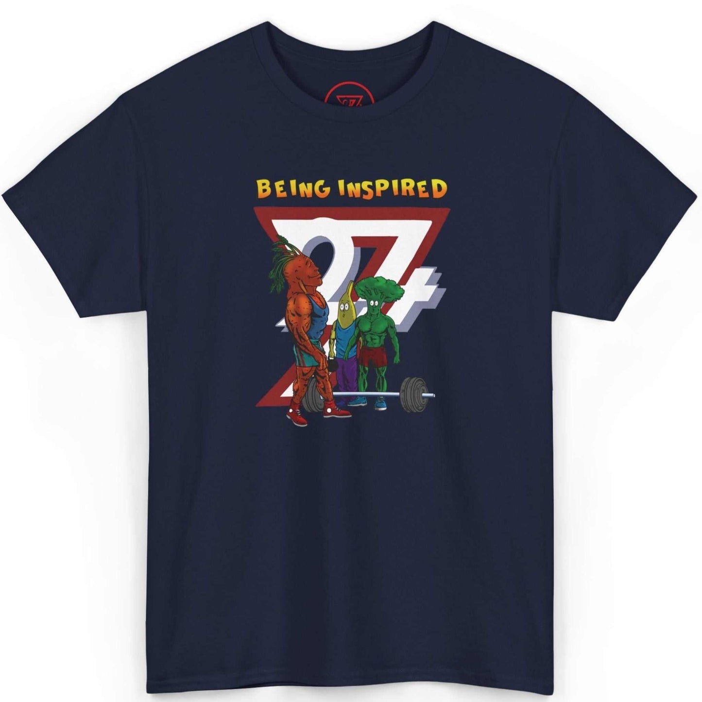 Front view of a deep navy blue vegan lifting apparel tee showcasing the playful hand-drawn art, laid flat.