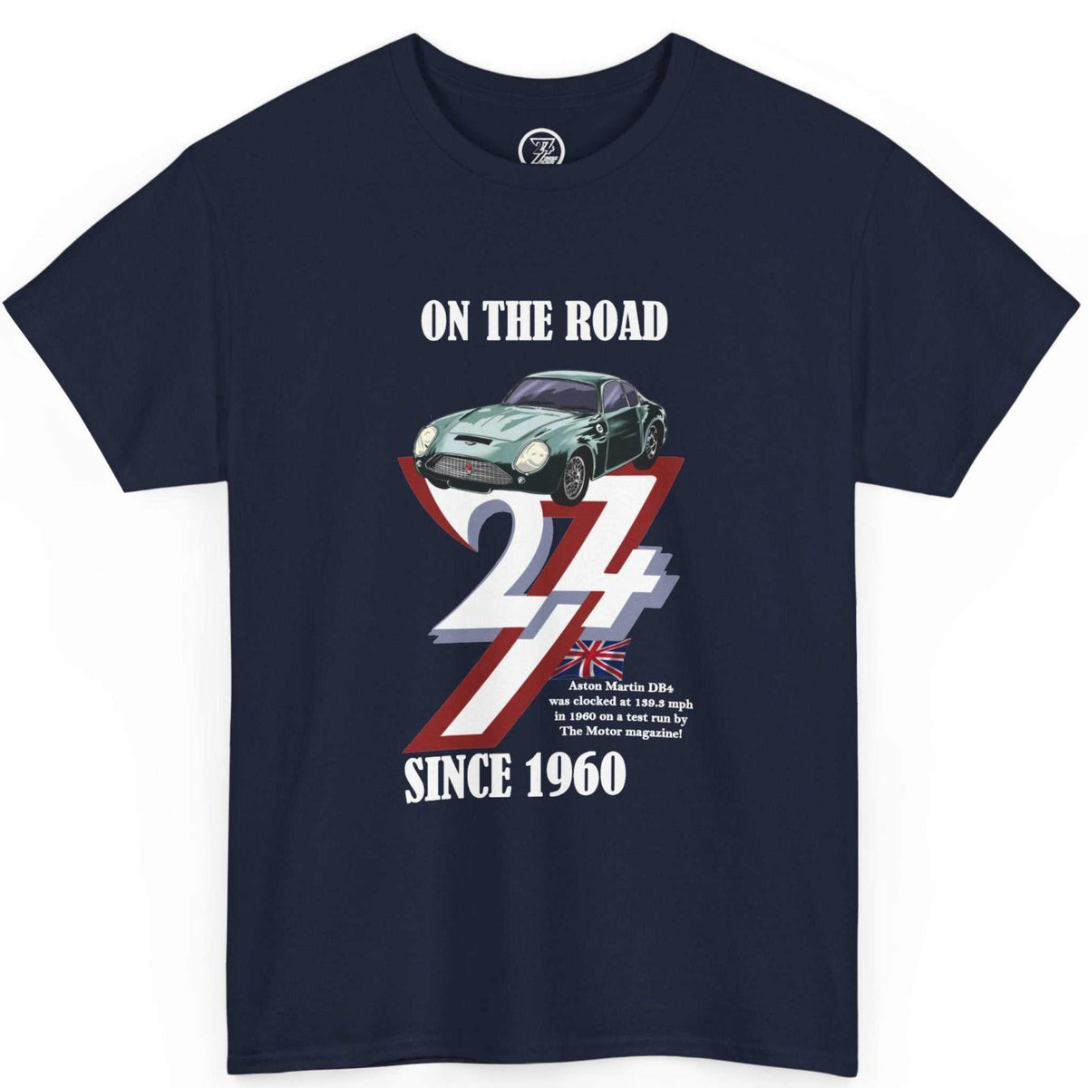 Front view of a deep navy vintage Aston Martin DB4 shirt showcasing the colorful hand-drawn car illustration, displayed on a clean background.