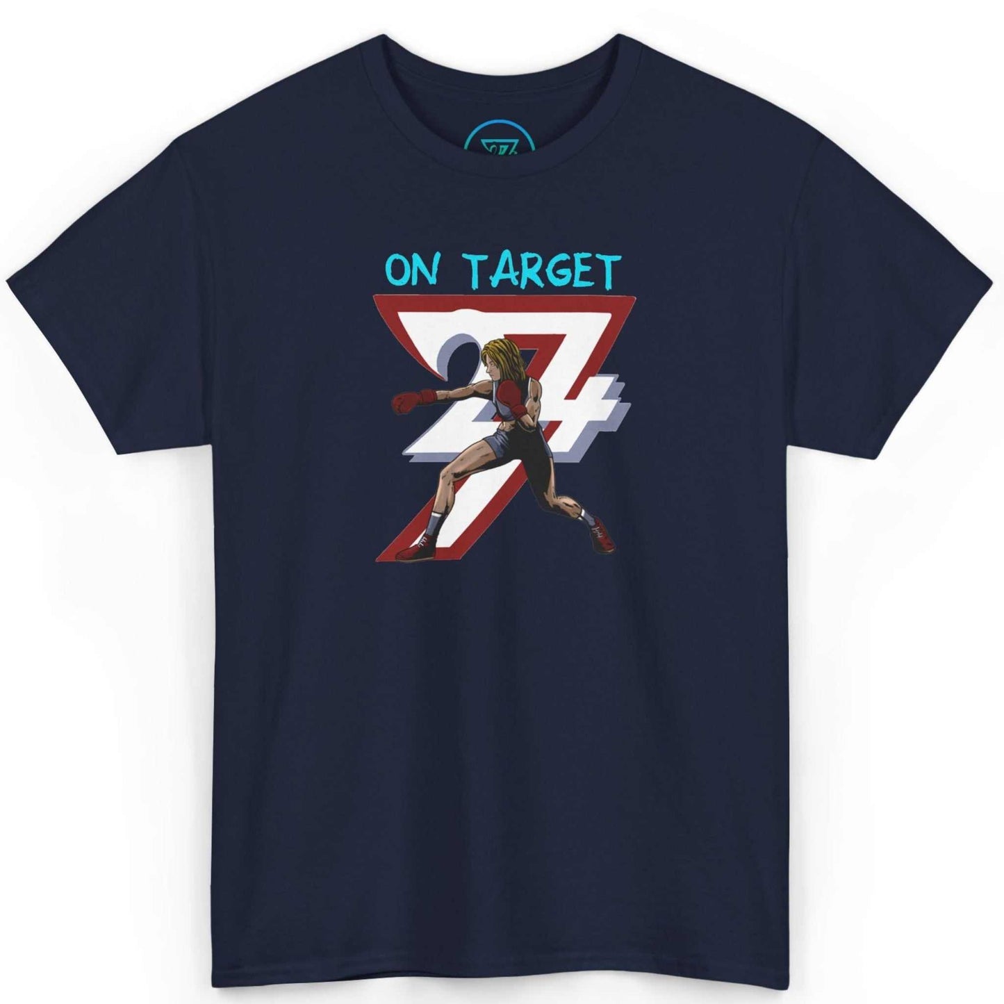 Front view of a deep navy blue women's boxing graphic tee featuring the hand-drawn comic-style female fighter art, displayed on a clean background.