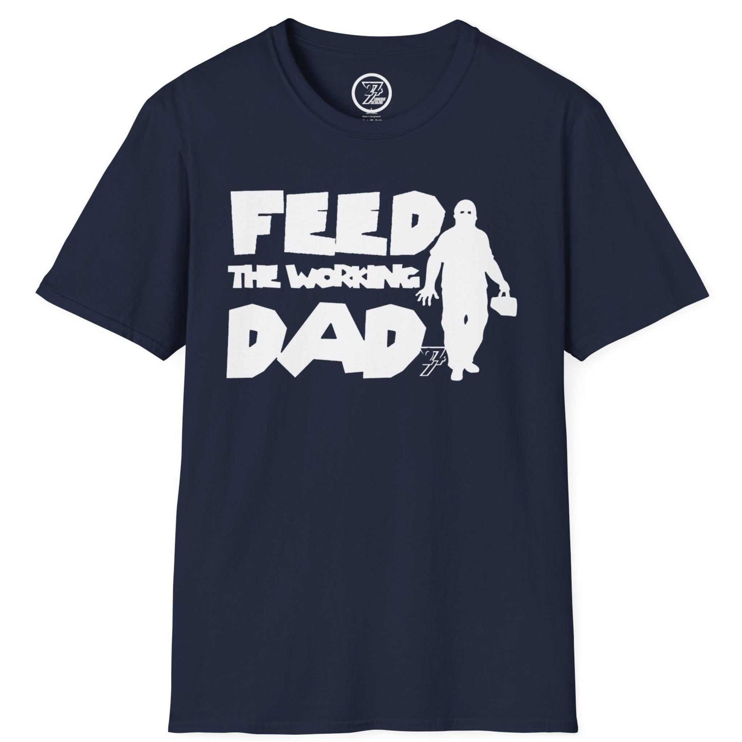 Navy blue working dad zombie t-shirt displaying the white graphic, shown on a clean background.