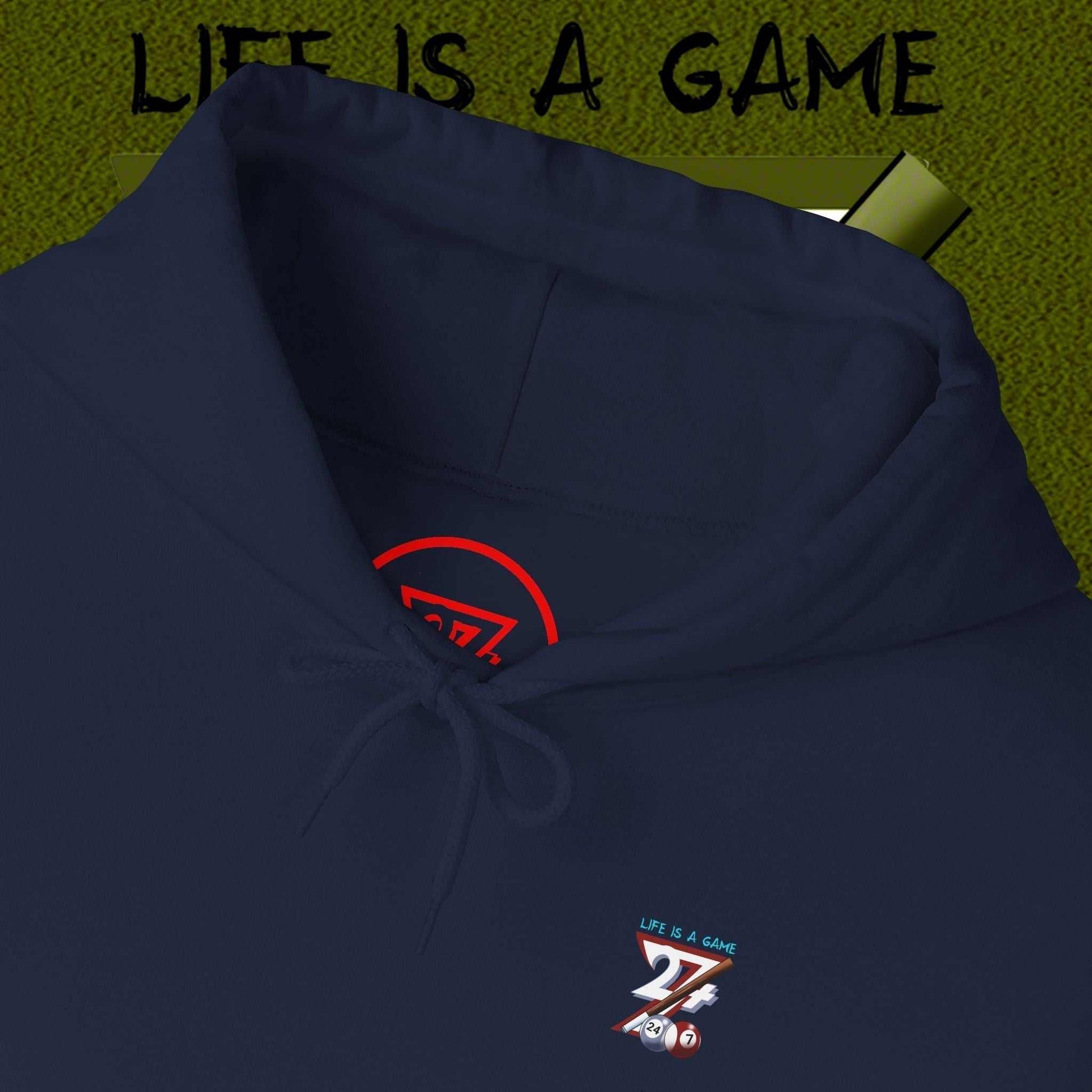 navy blue billiard hoodie with adjustable drawstring hood and small colorful 24/7 design on chest