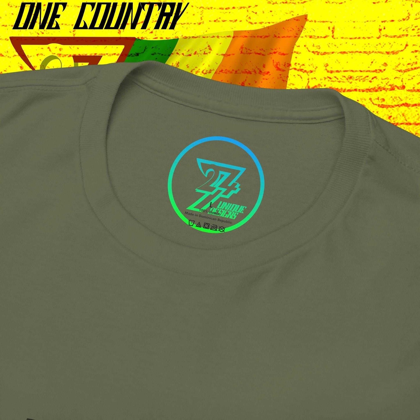 Close-up shot of the inner neckline on the green Ireland tee, featuring the official 24/7 Unique Designs™ trademark logo for brand authenticity.