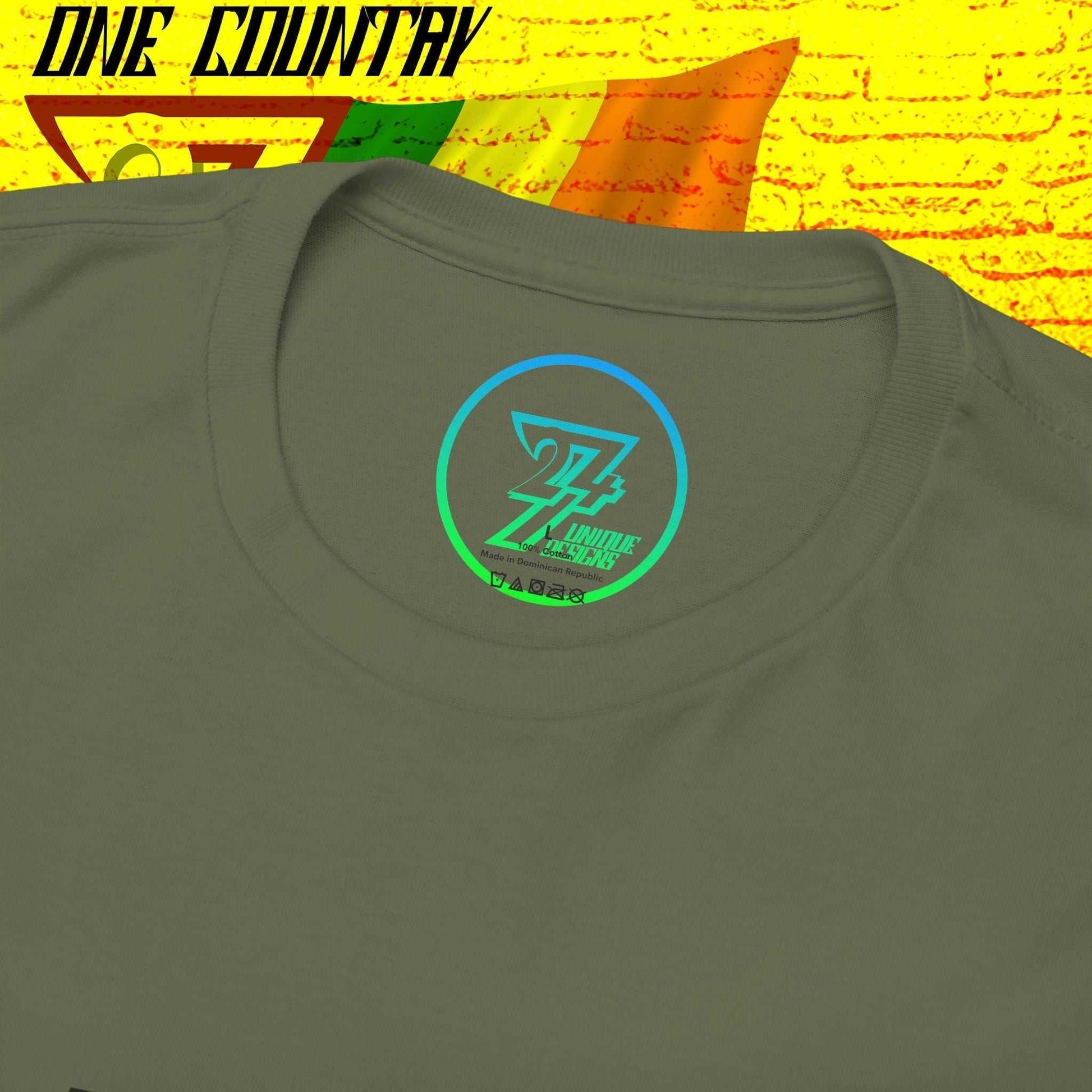 Close-up shot of the inner neckline on the green Ireland tee, featuring the official 24/7 Unique Designs™ trademark logo for brand authenticity.