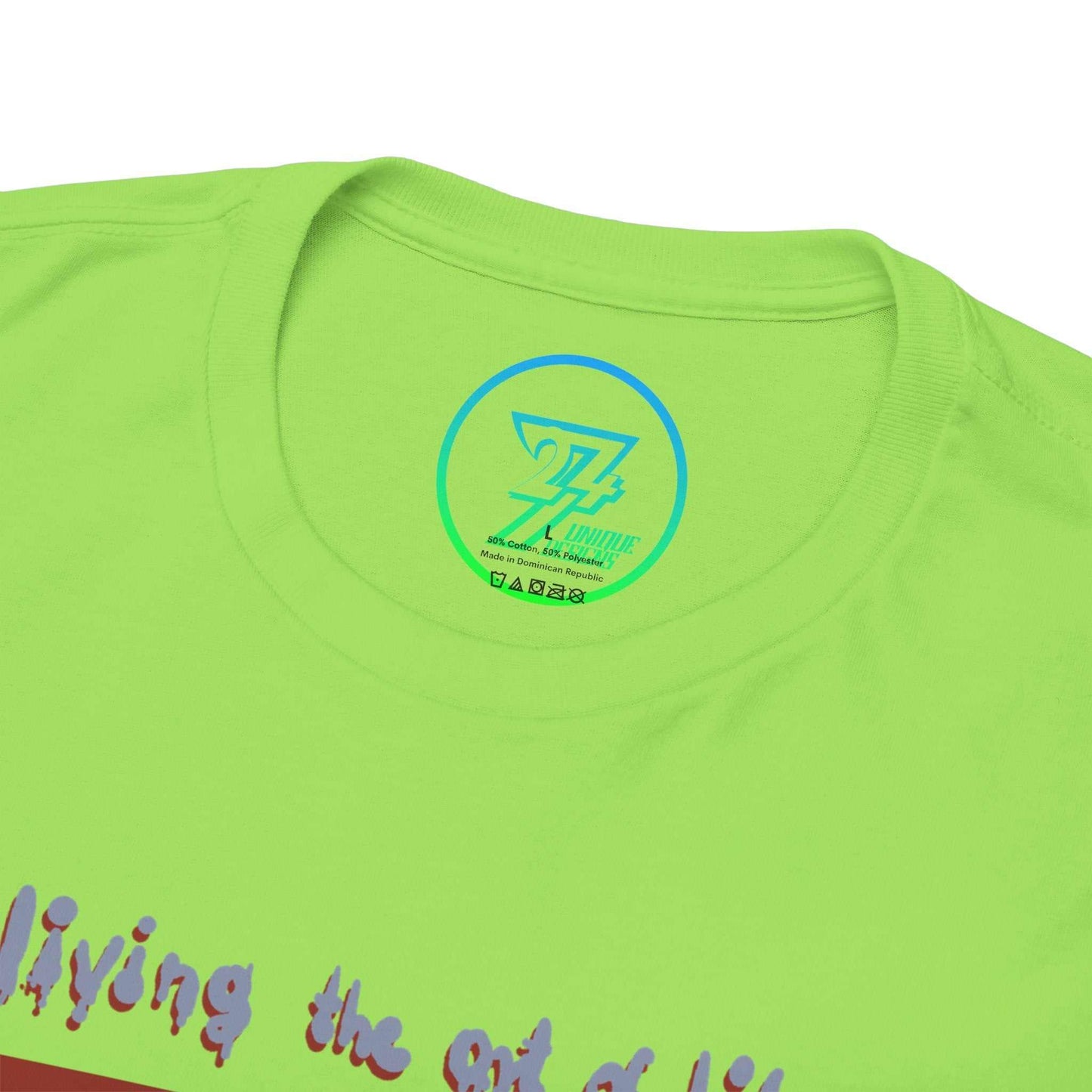 Close-up of the timeless crew neckline on the neon green female artist shirt, highlighting the neat construction and 24/7 logo internal label.