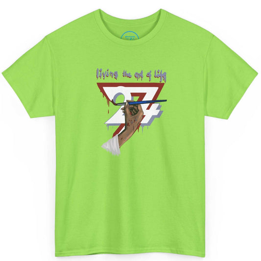 Bright neon green painter t-shirt for her featuring the original artist illustration, laid flat.