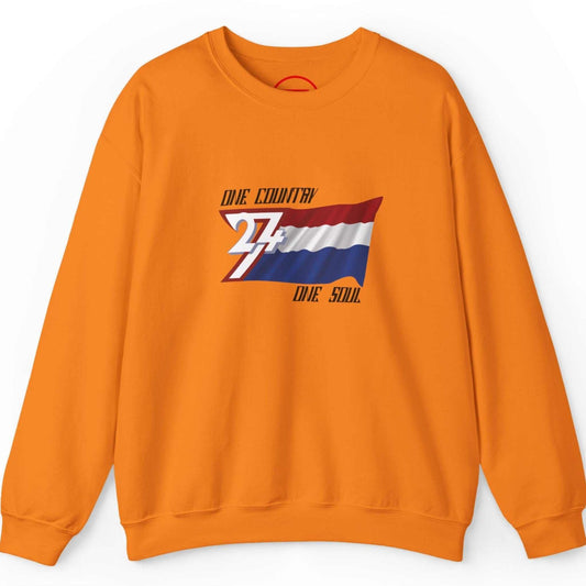 Orange Netherlands flag sweatshirt with graphic design on a white background