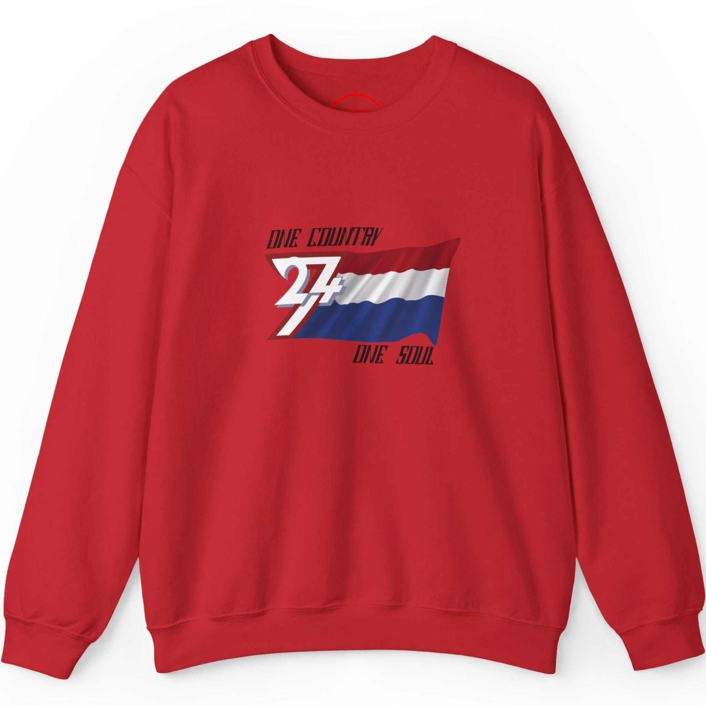 Front  view of the Red Netherlands sweatshirt with graphic design on a white background
