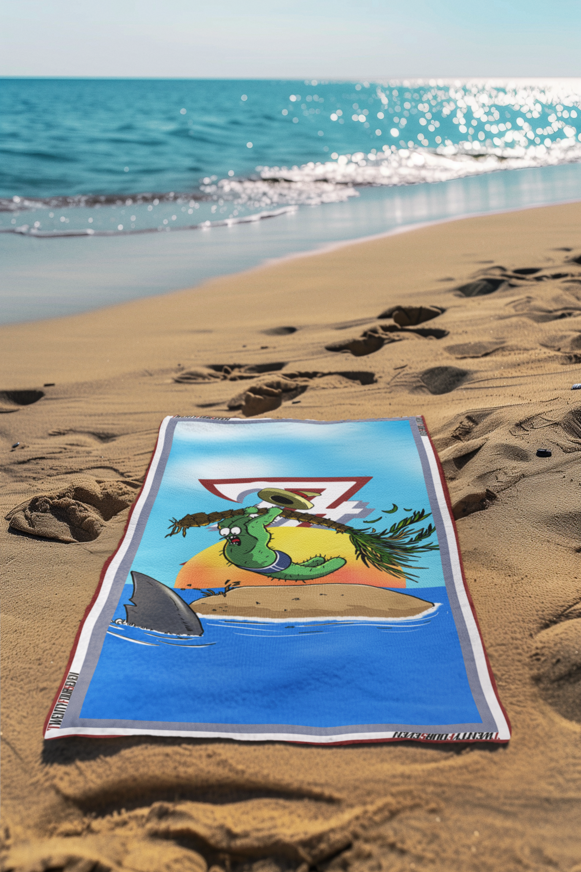 Novelty summer towel with vibrant blue water, a retro sunset, and the 24/7 logo behind a cactus.